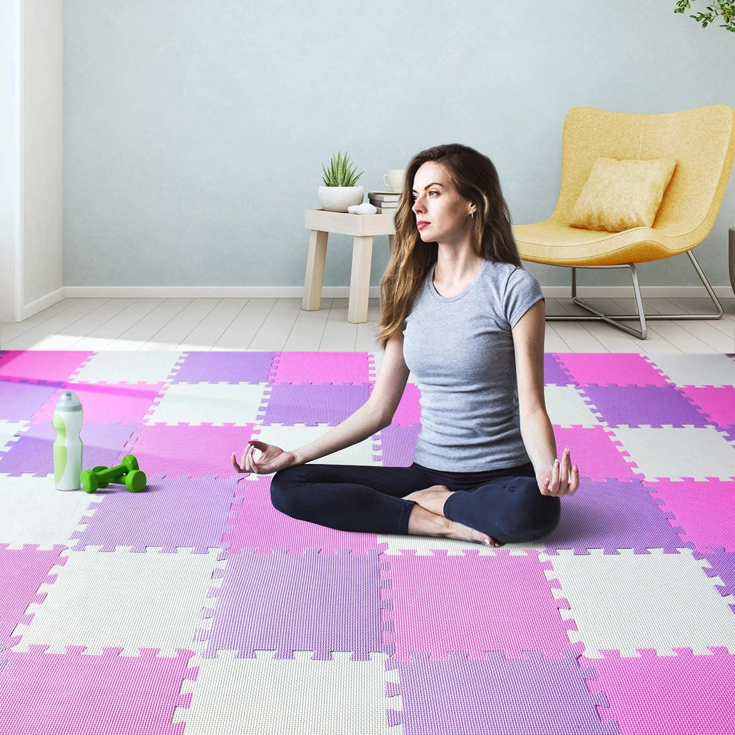 qqpp EVA 18-Tile Interlocking Foam Floor Mats – Baby Play Mat & Home Exercise Mat (White, Pink, Purple)