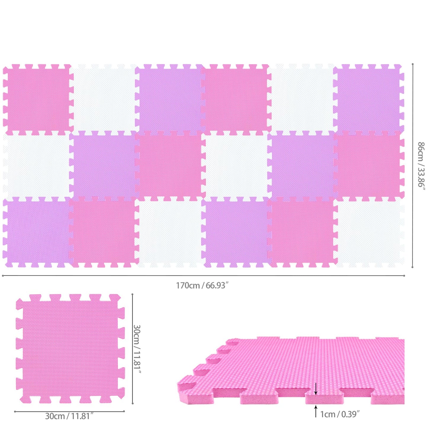 qqpp EVA 18-Tile Interlocking Foam Floor Mats – Baby Play Mat & Home Exercise Mat (White, Pink, Purple)