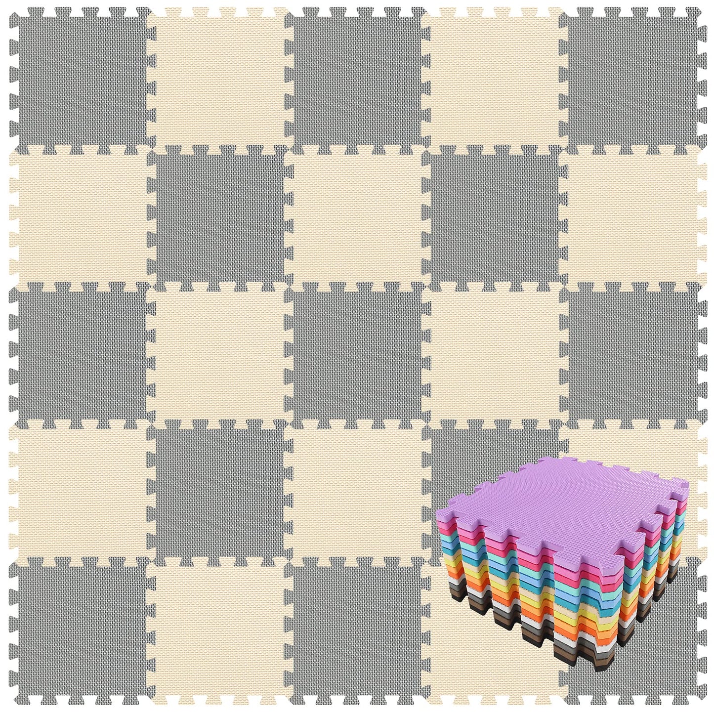 qqpp EVA Rubber 18 Tiles Interlocking Puzzle Floor Mats – Baby Play Mat & Exercise Mat (Beige, Gray)