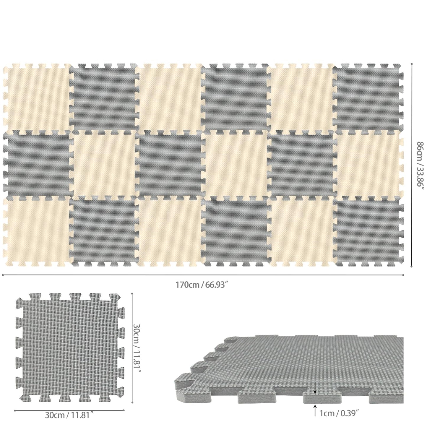 qqpp EVA Rubber 18 Tiles Interlocking Puzzle Floor Mats – Baby Play Mat & Exercise Mat (Beige, Gray)