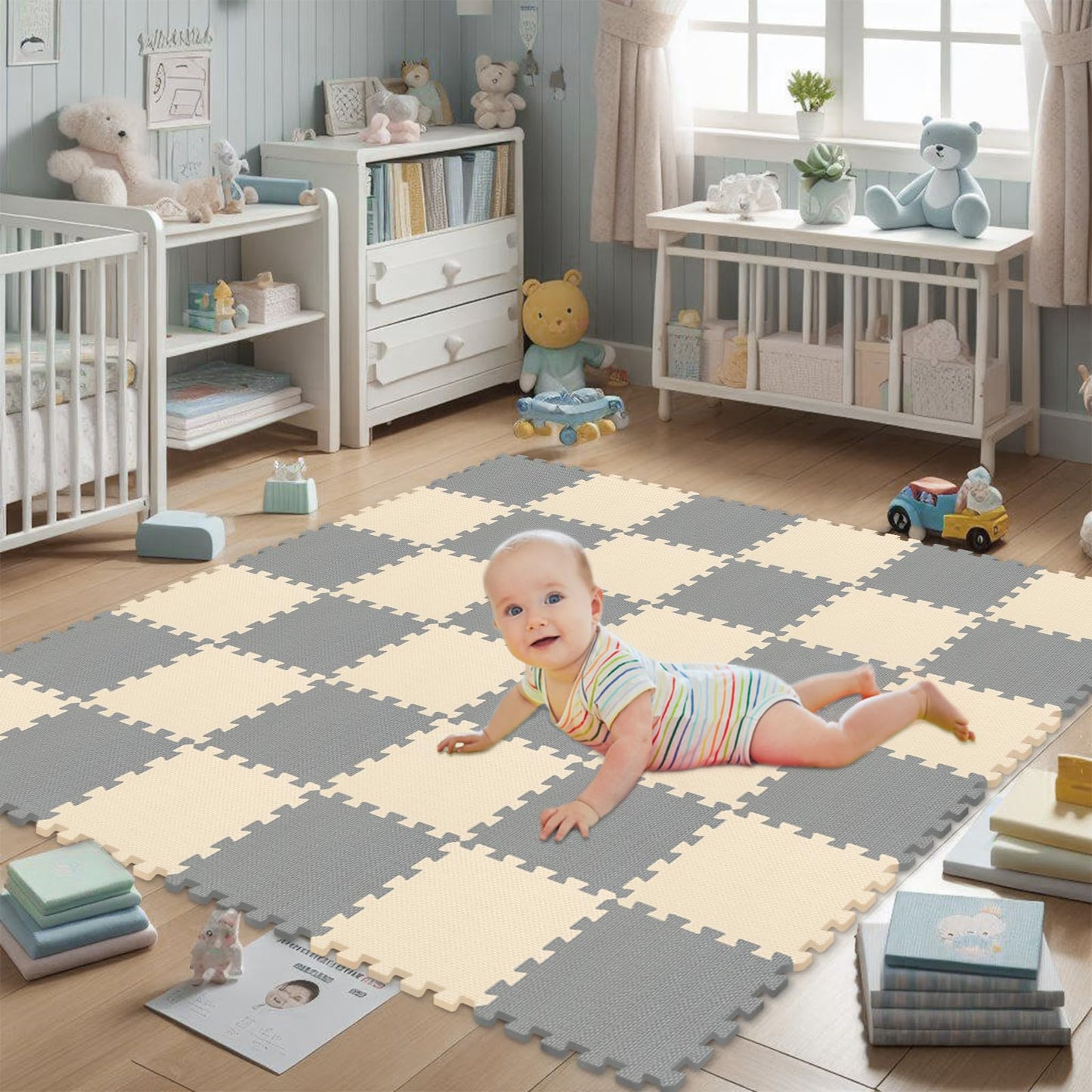 qqpp EVA Rubber 18 Tiles Interlocking Puzzle Floor Mats – Baby Play Mat & Exercise Mat (Beige, Gray)