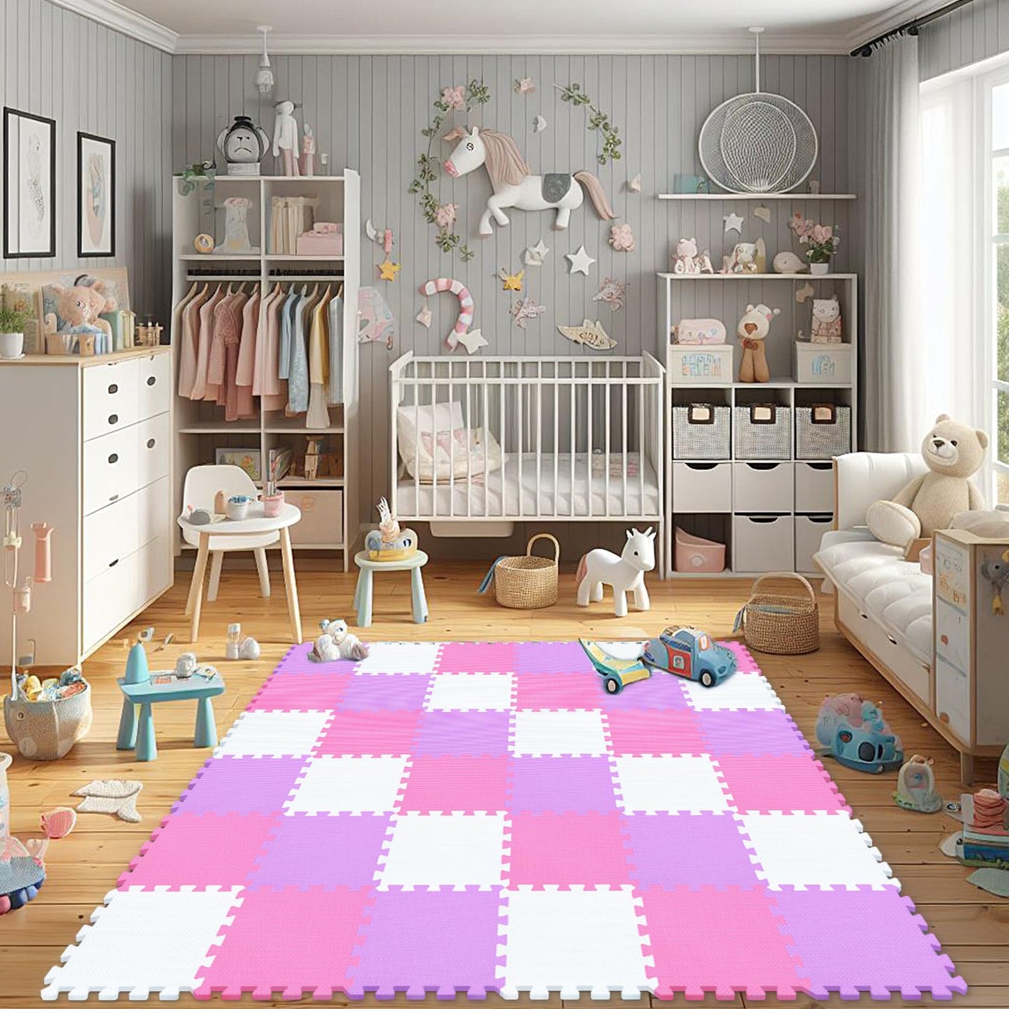 qqpp EVA 18-Tile Interlocking Foam Floor Mats – Baby Play Mat & Home Exercise Mat (White, Pink, Purple)