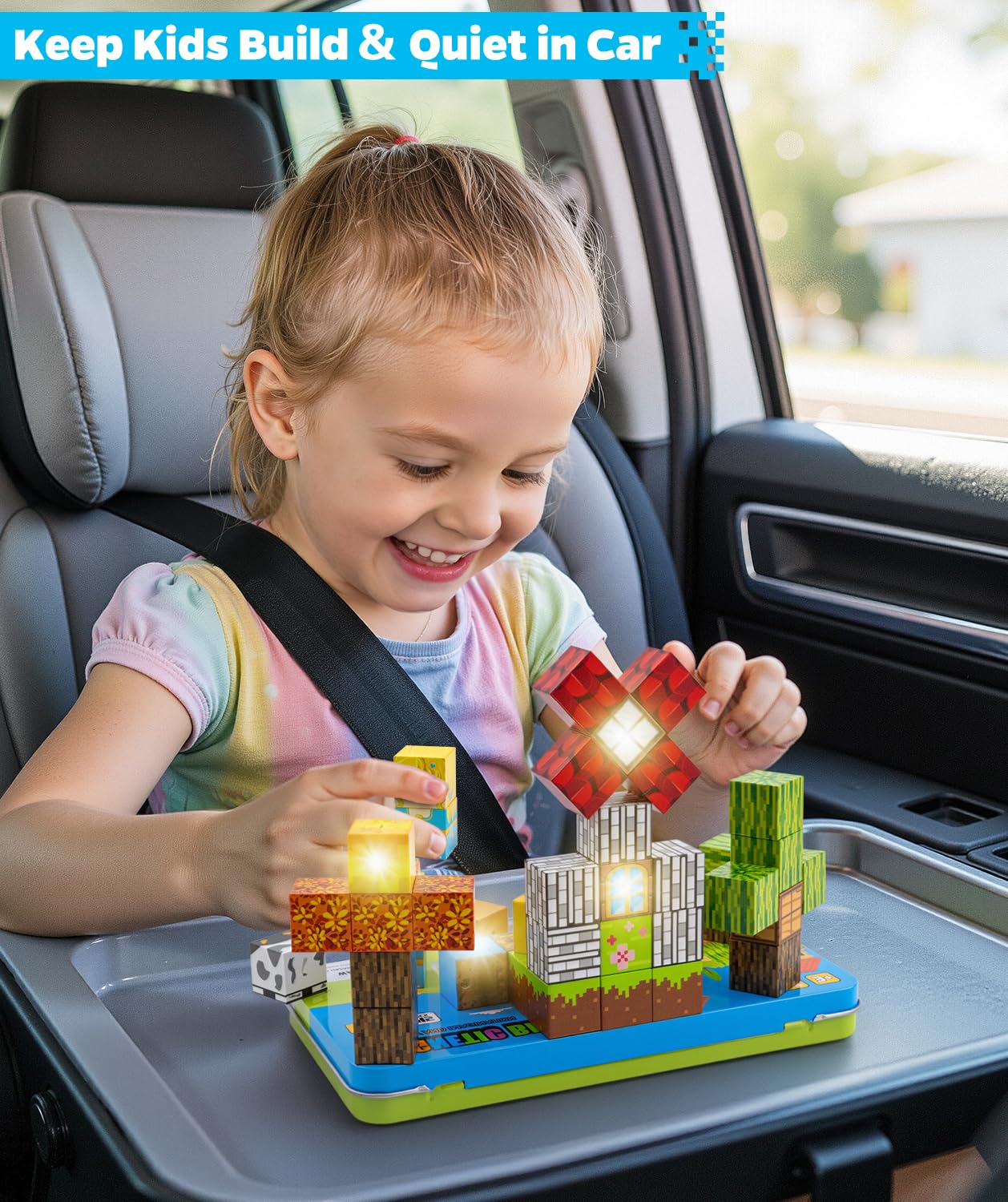 Qrooper Magnetic Blocks 45 Pcs Travel Toys with Light-Up Cubes – STEM Building Gift for Kids 3-8
