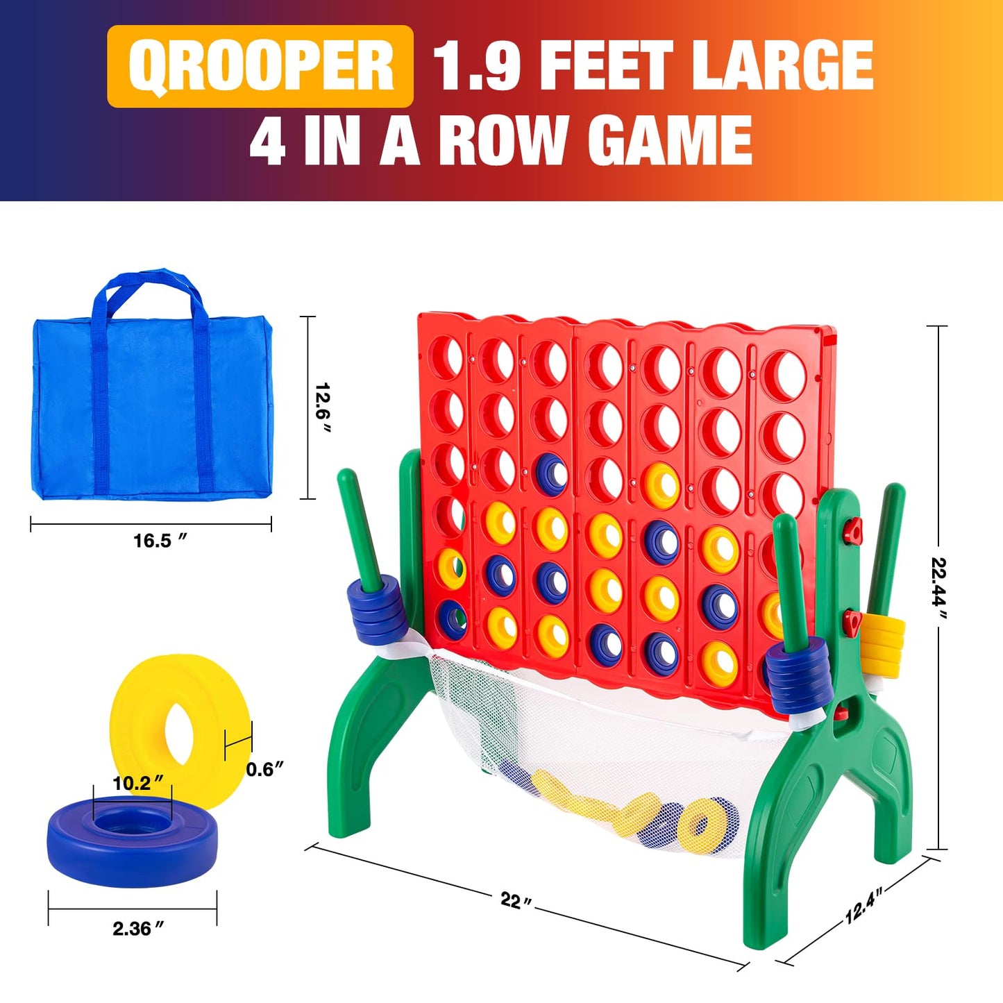 Qrooper Giant 1.9ft 4-in-a-Row Game — Jumbo Connect Four for Family Fun Outdoors & Indoors