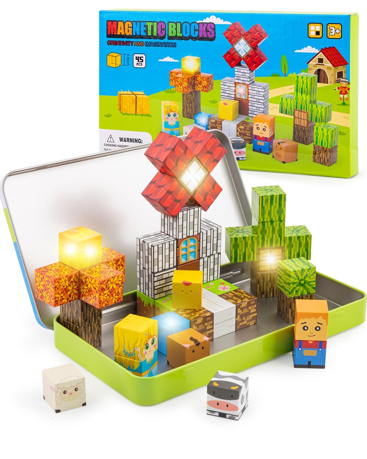 Qrooper Magnetic Blocks 45 Pcs Travel Toys with Light-Up Cubes – STEM Building Gift for Kids 3-8