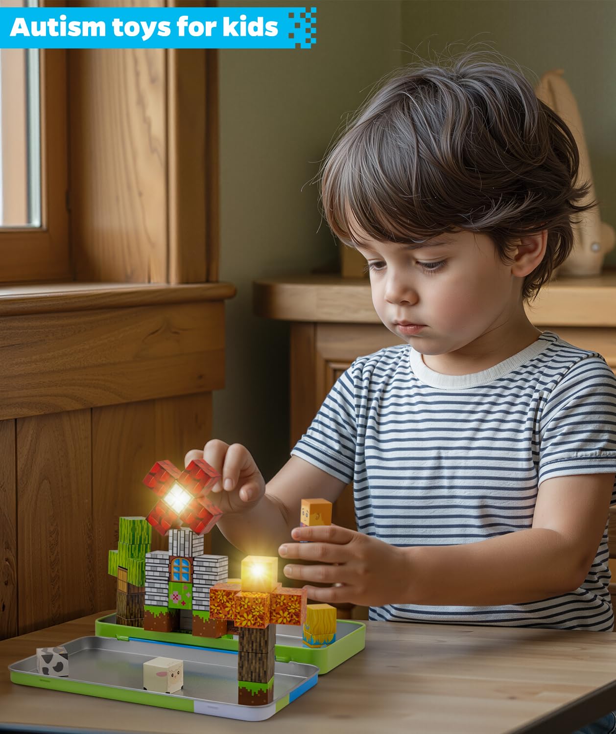 Qrooper Magnetic Blocks 45 Pcs Travel Toys with Light-Up Cubes – STEM Building Gift for Kids 3-8
