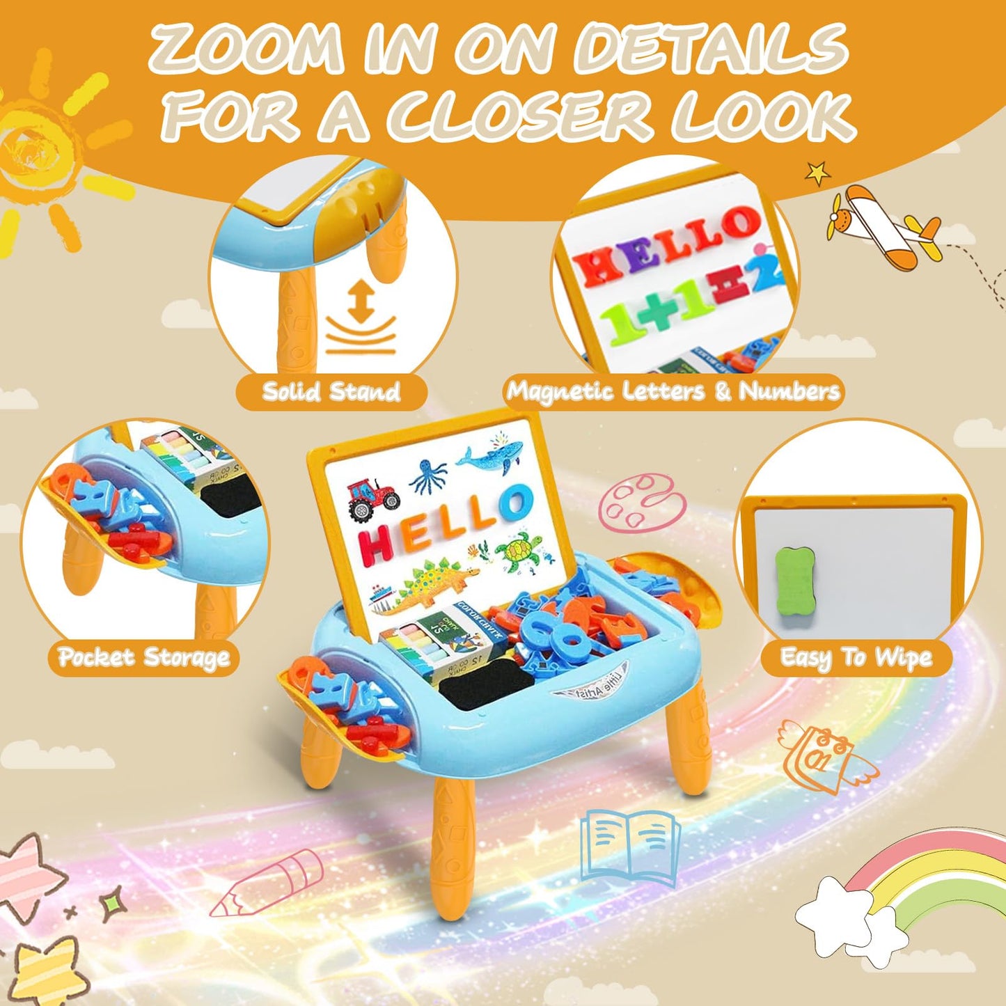 Qrytoi Doodle Easel with Magnetic Letters & Numbers – Portable Learning Toy for 1–2 Year Old Boys
