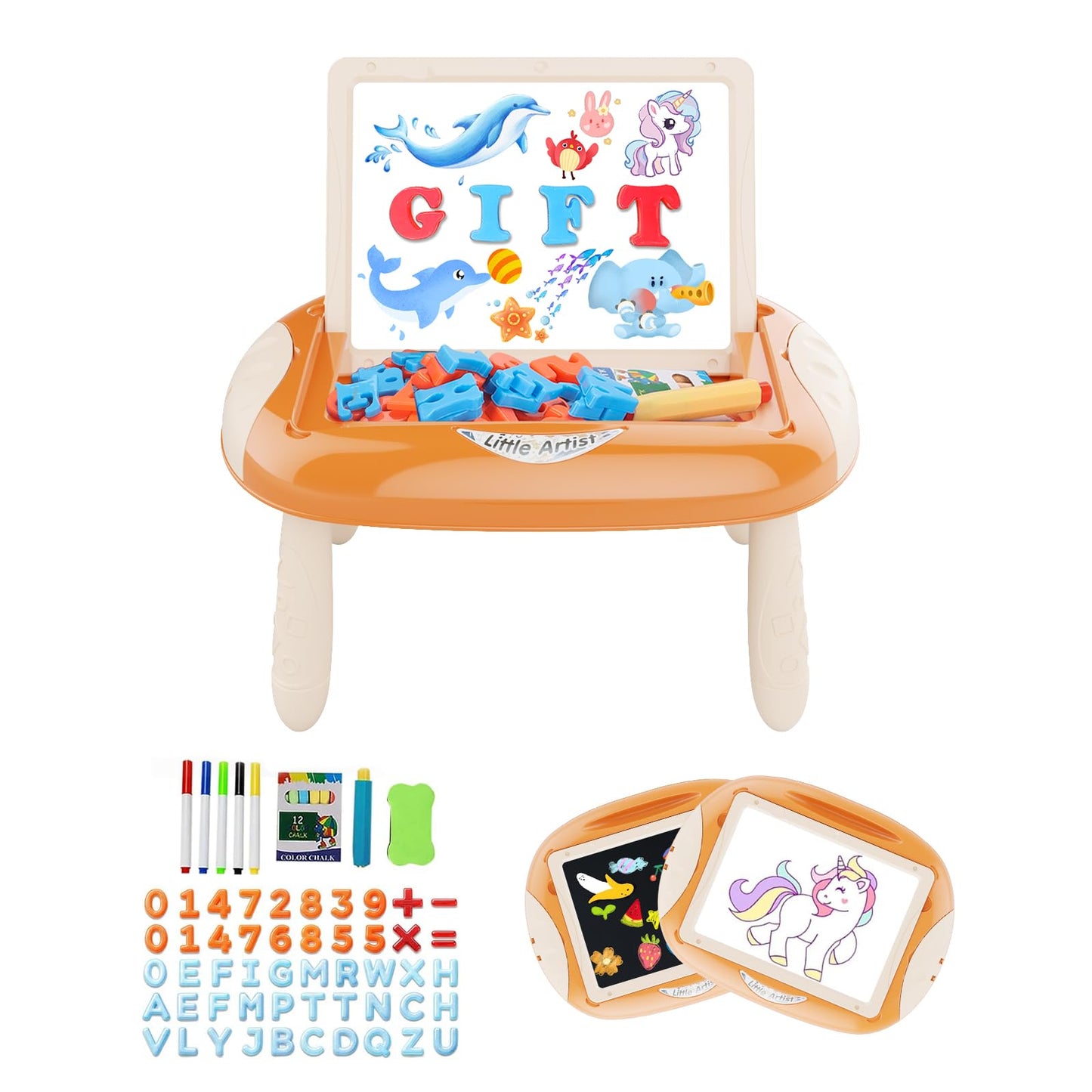 Qrytoi Toddler Doodle Board with Magnetic Letters & Numbers – Portable Educational Toy (Creamy Orange)