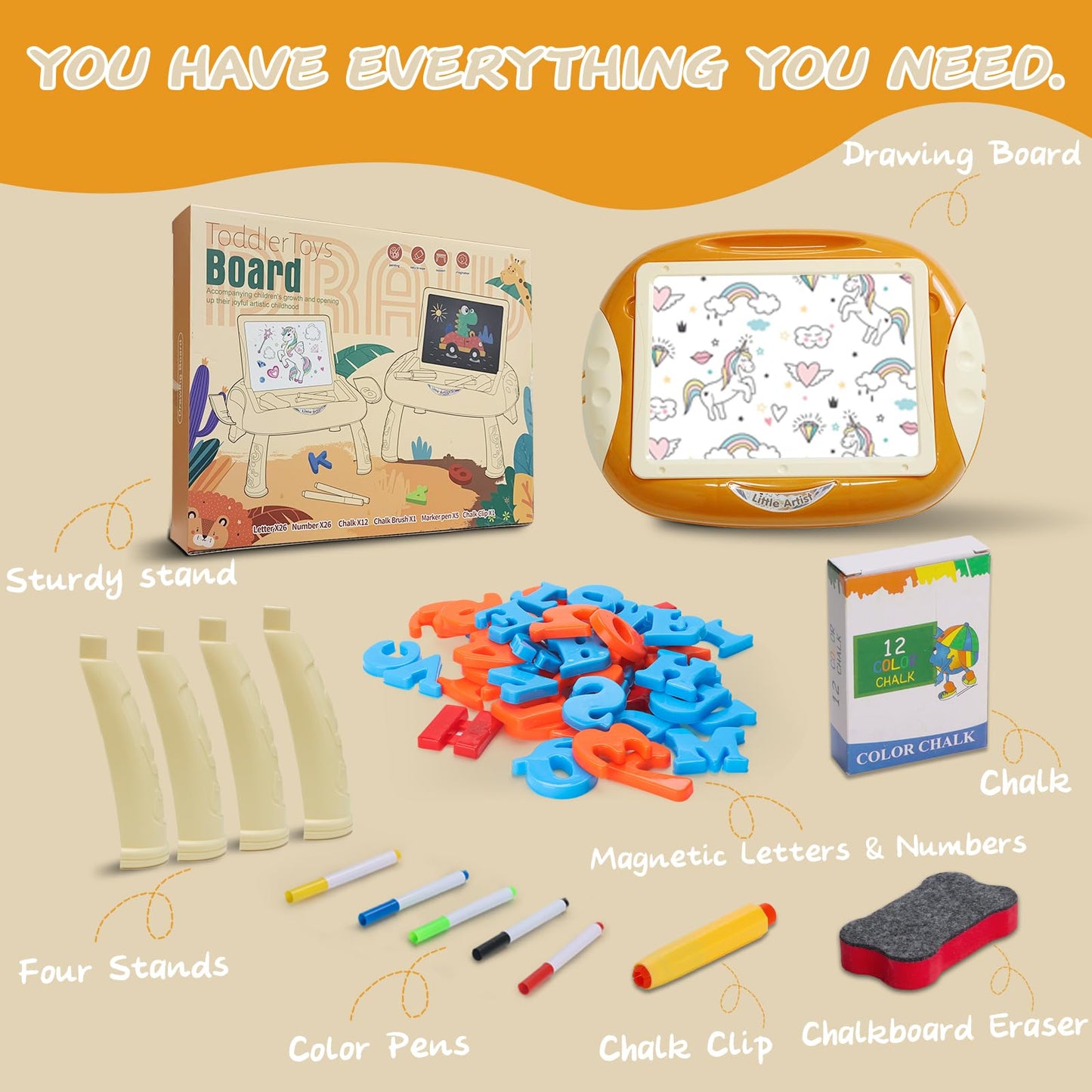 Qrytoi Toddler Doodle Board with Magnetic Letters & Numbers – Portable Educational Toy (Creamy Orange)