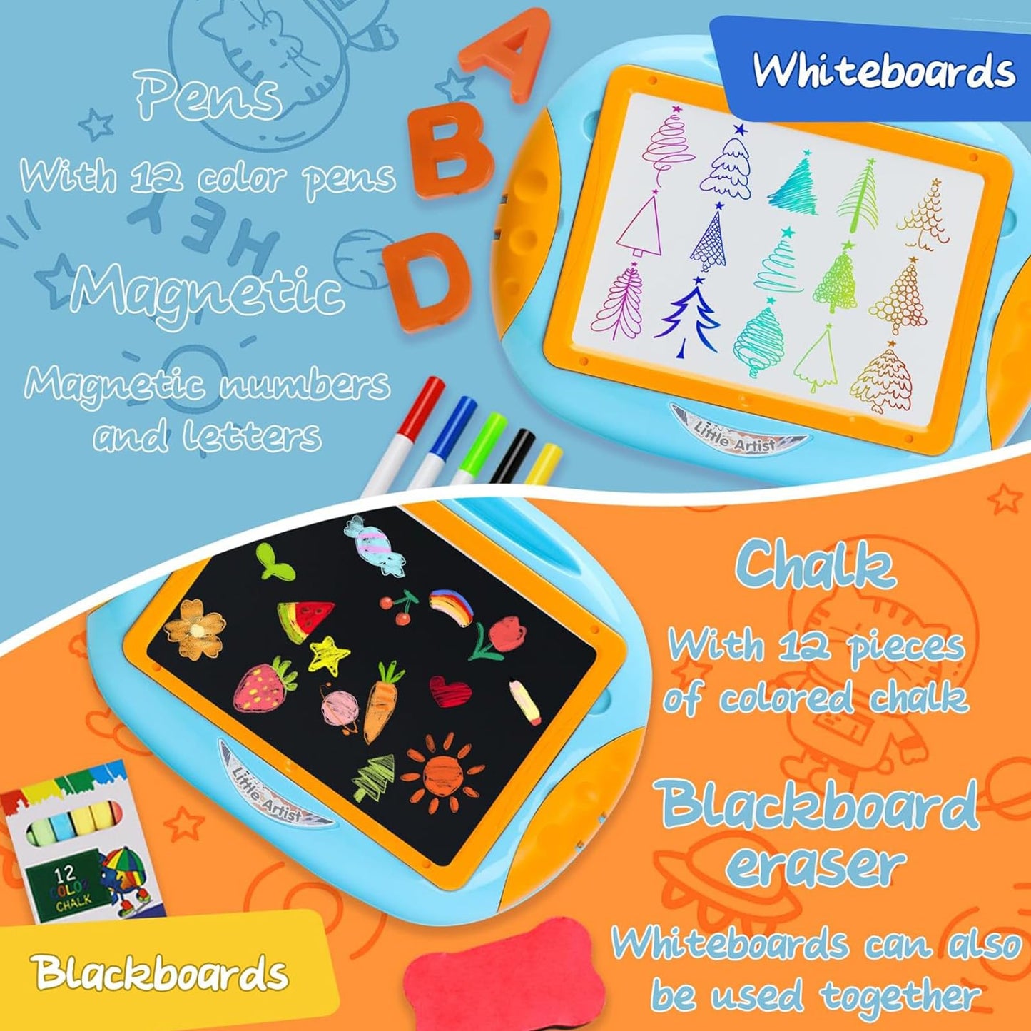 Qrytoi Doodle Easel with Magnetic Letters & Numbers – Portable Learning Toy for 1–2 Year Old Boys