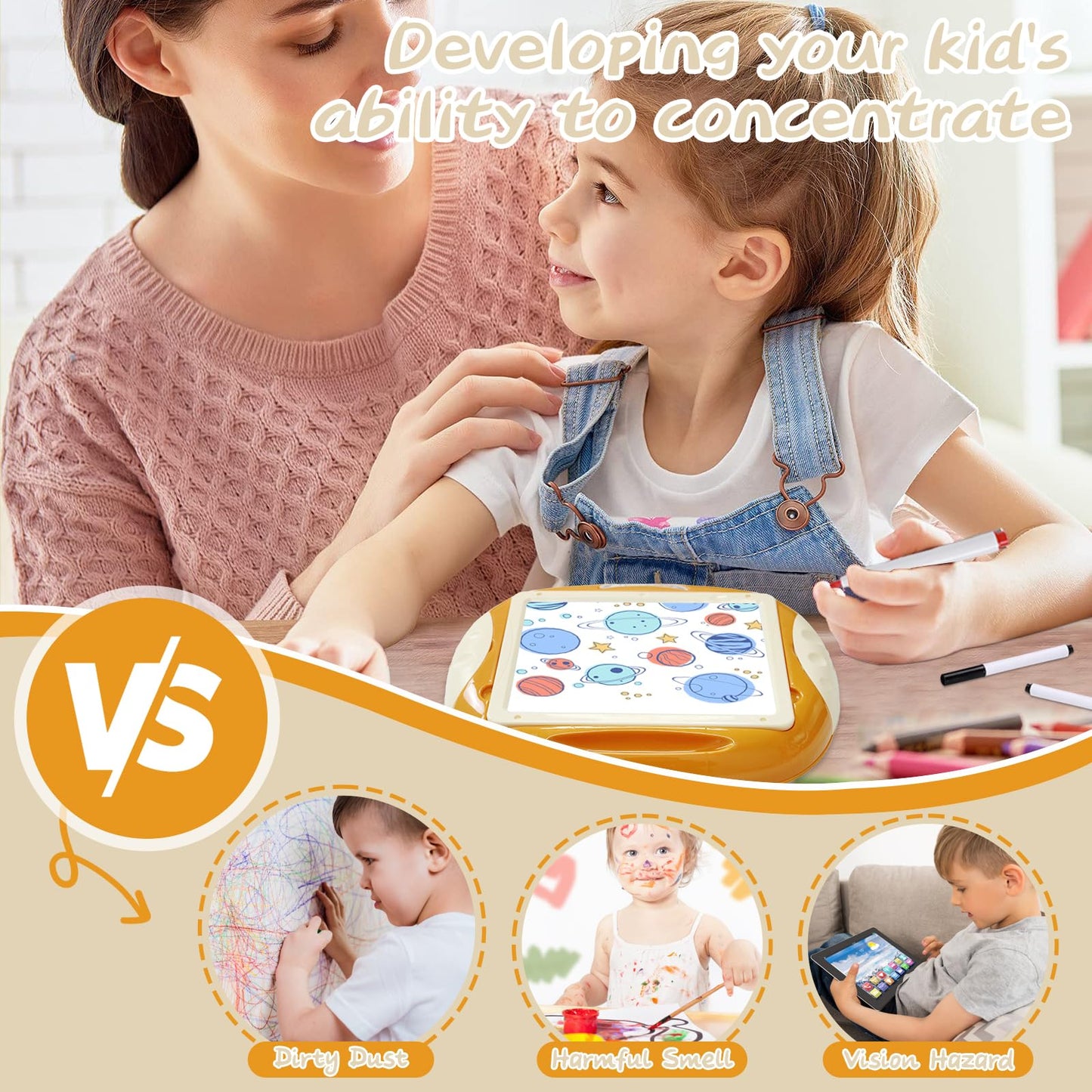 Qrytoi Toddler Doodle Board with Magnetic Letters & Numbers – Portable Educational Toy (Creamy Orange)