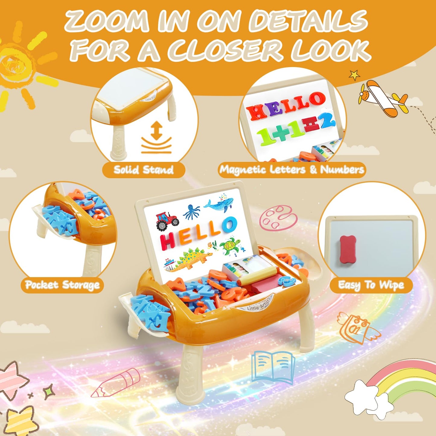Qrytoi Toddler Doodle Board with Magnetic Letters & Numbers – Portable Educational Toy (Creamy Orange)