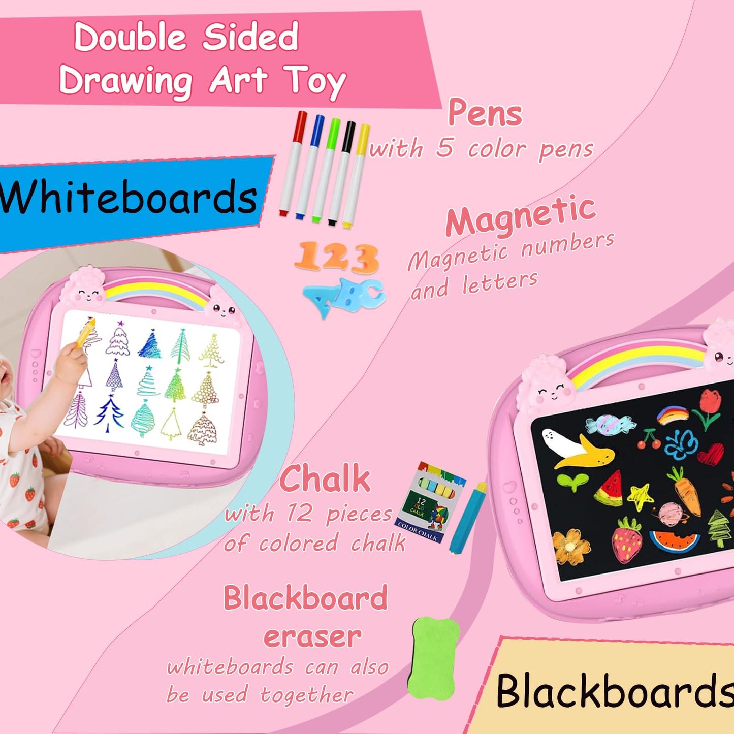 Qrytoi Unicorn Doodle Board (Pink) – Magnetic Letters & Numbers, Portable Learning Toy for 1–2 Year Old Girls