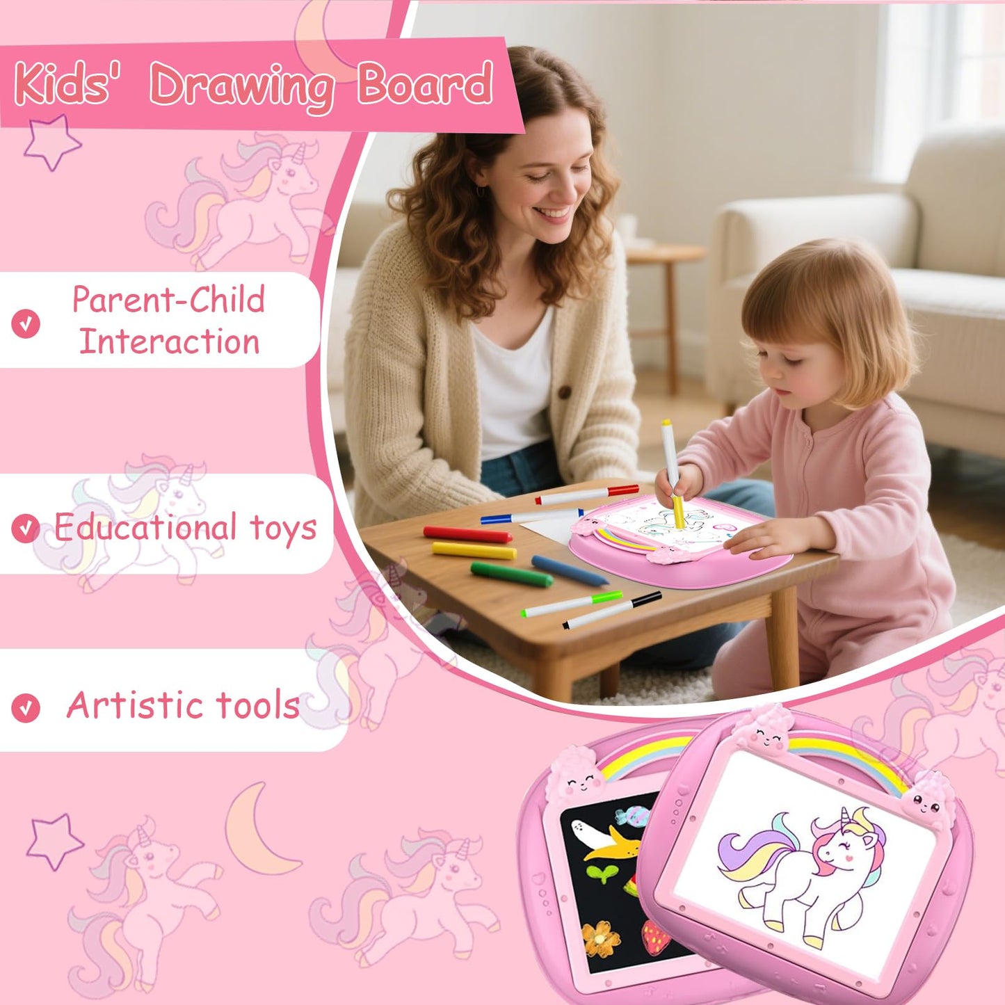 Qrytoi Unicorn Doodle Board (Pink) – Magnetic Letters & Numbers, Portable Learning Toy for 1–2 Year Old Girls