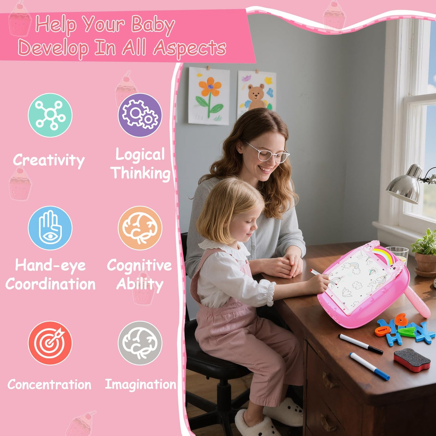 Qrytoi Unicorn Doodle Board (Pink) – Magnetic Letters & Numbers, Portable Learning Toy for 1–2 Year Old Girls