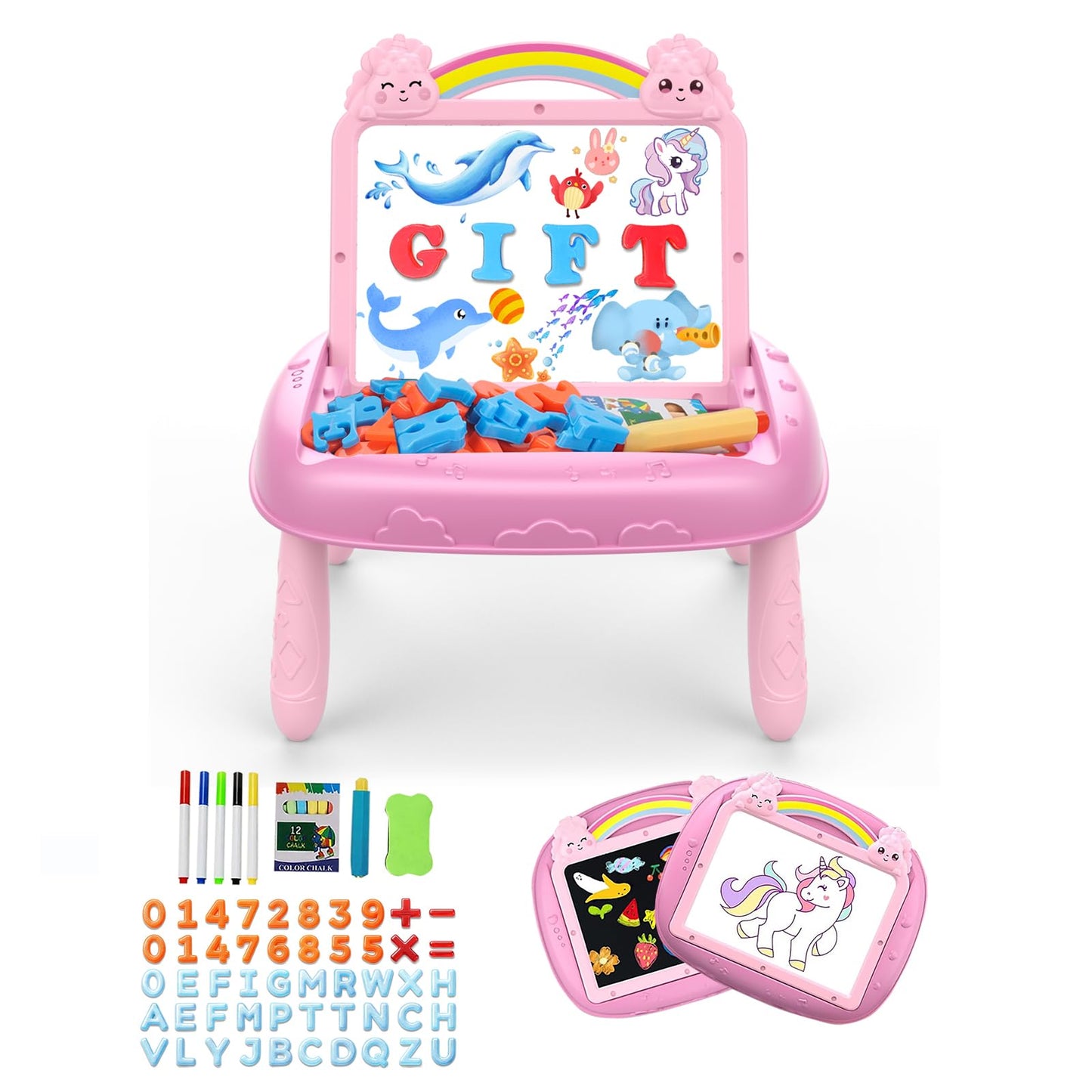 Qrytoi Unicorn Doodle Board (Pink) – Magnetic Letters & Numbers, Portable Learning Toy for 1–2 Year Old Girls