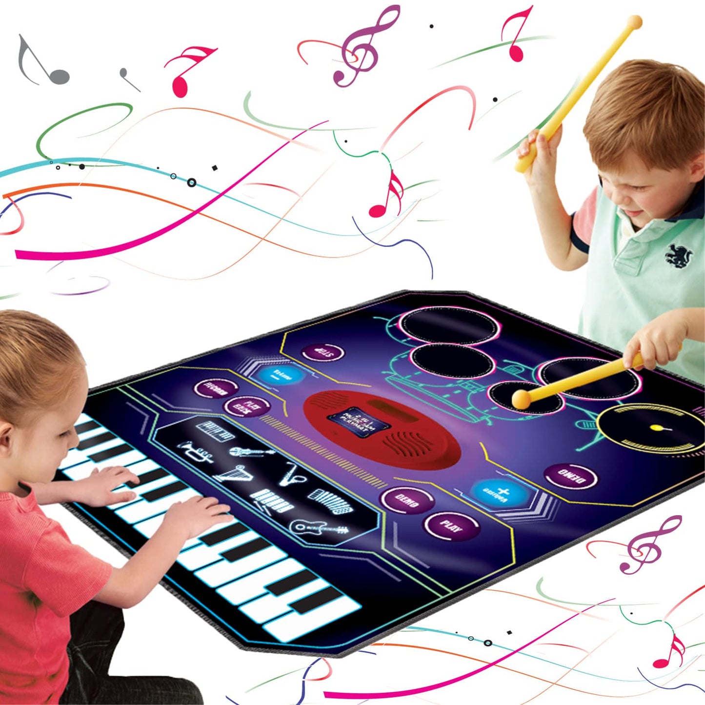 QShark 2 in 1 Kids Music Learning Toy – Drum Set & Piano Mat with Record & Playback, 8 Instrument Sounds, 24 Keys, Gift for Toddlers Aged 3–8
