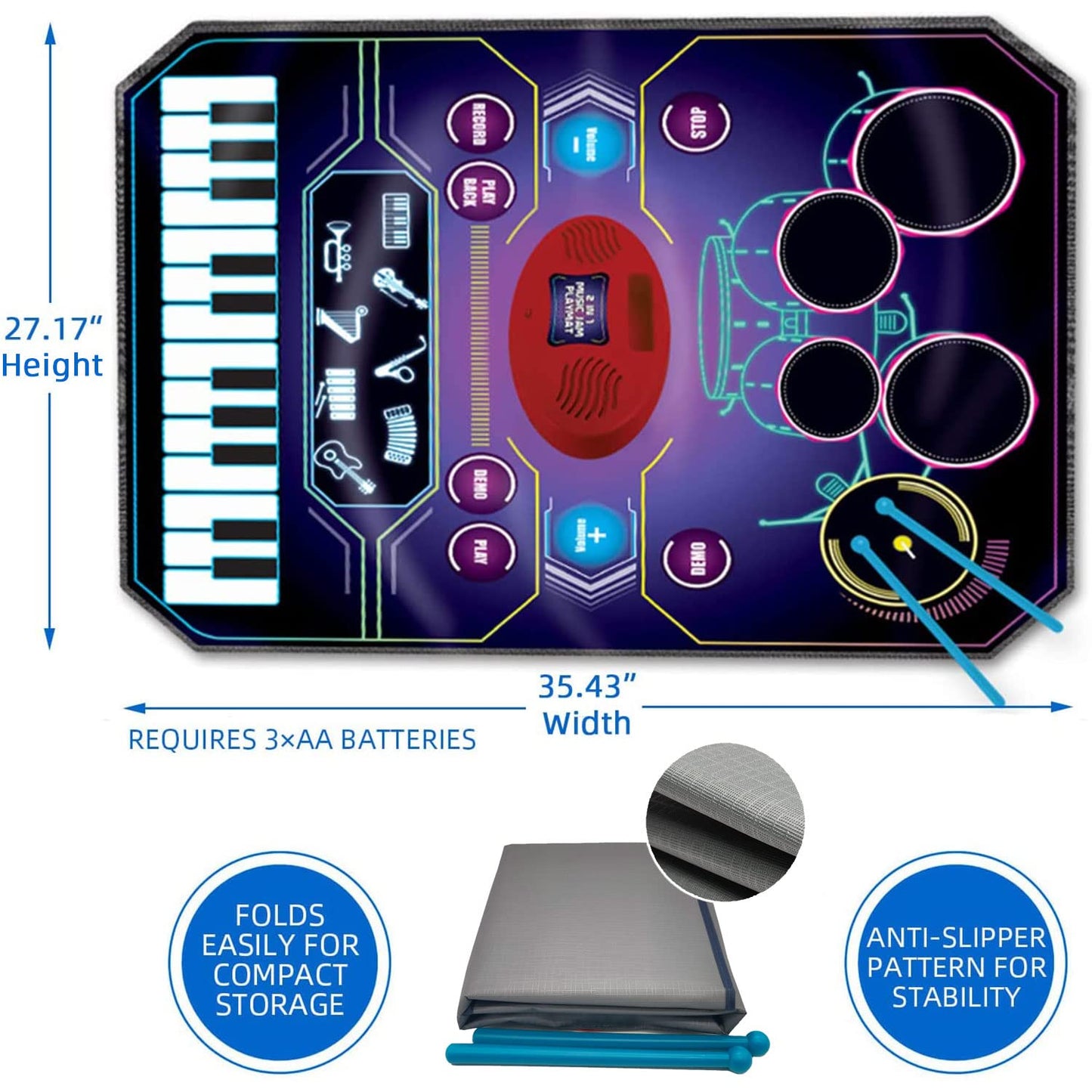 QShark 2 in 1 Kids Music Learning Toy – Drum Set & Piano Mat with Record & Playback, 8 Instrument Sounds, 24 Keys, Gift for Toddlers Aged 3–8