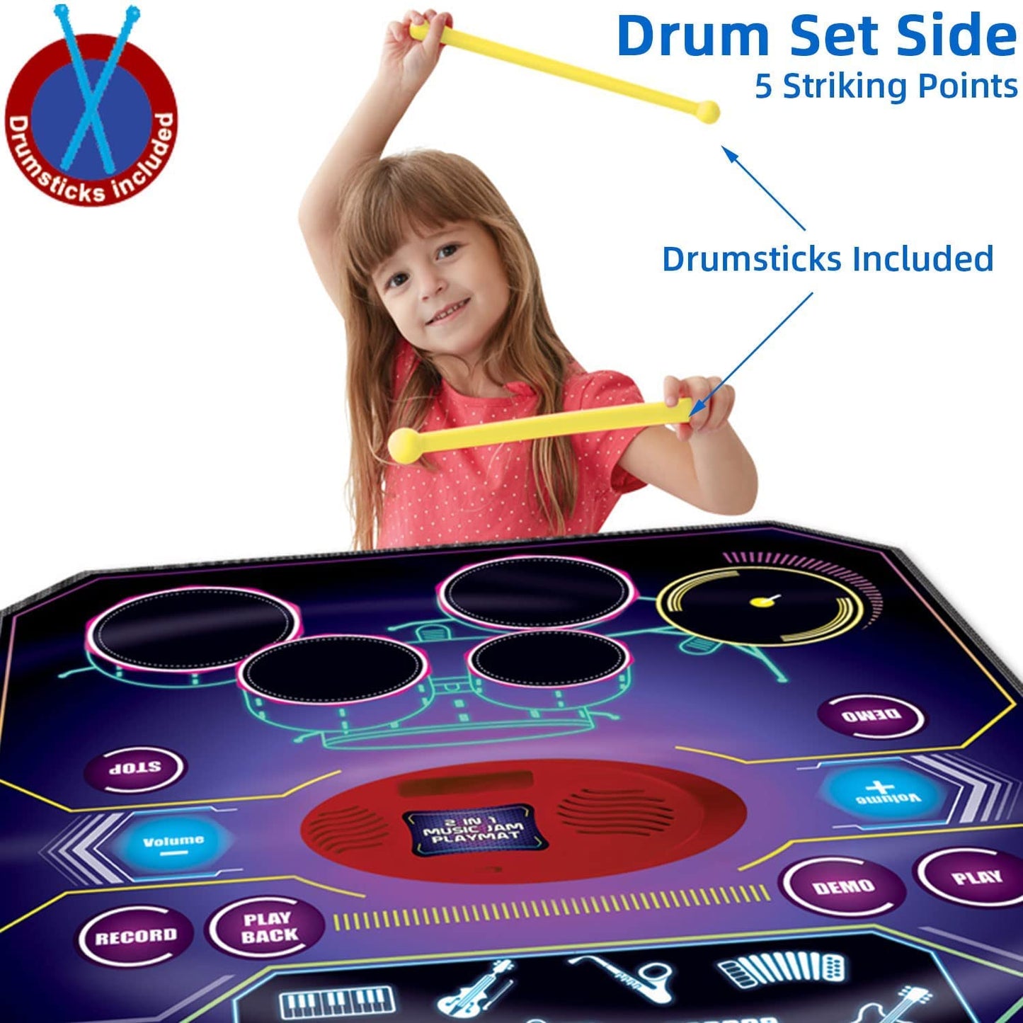 QShark 2 in 1 Kids Music Learning Toy – Drum Set & Piano Mat with Record & Playback, 8 Instrument Sounds, 24 Keys, Gift for Toddlers Aged 3–8