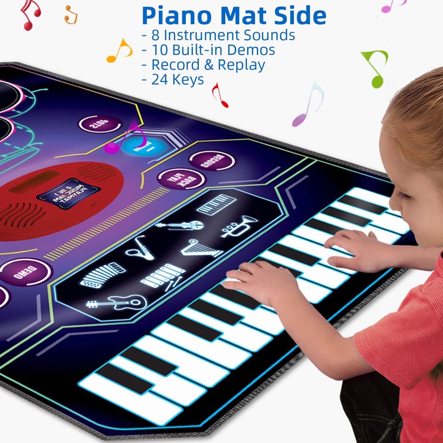 QShark 2 in 1 Kids Music Learning Toy – Drum Set & Piano Mat with Record & Playback, 8 Instrument Sounds, 24 Keys, Gift for Toddlers Aged 3–8