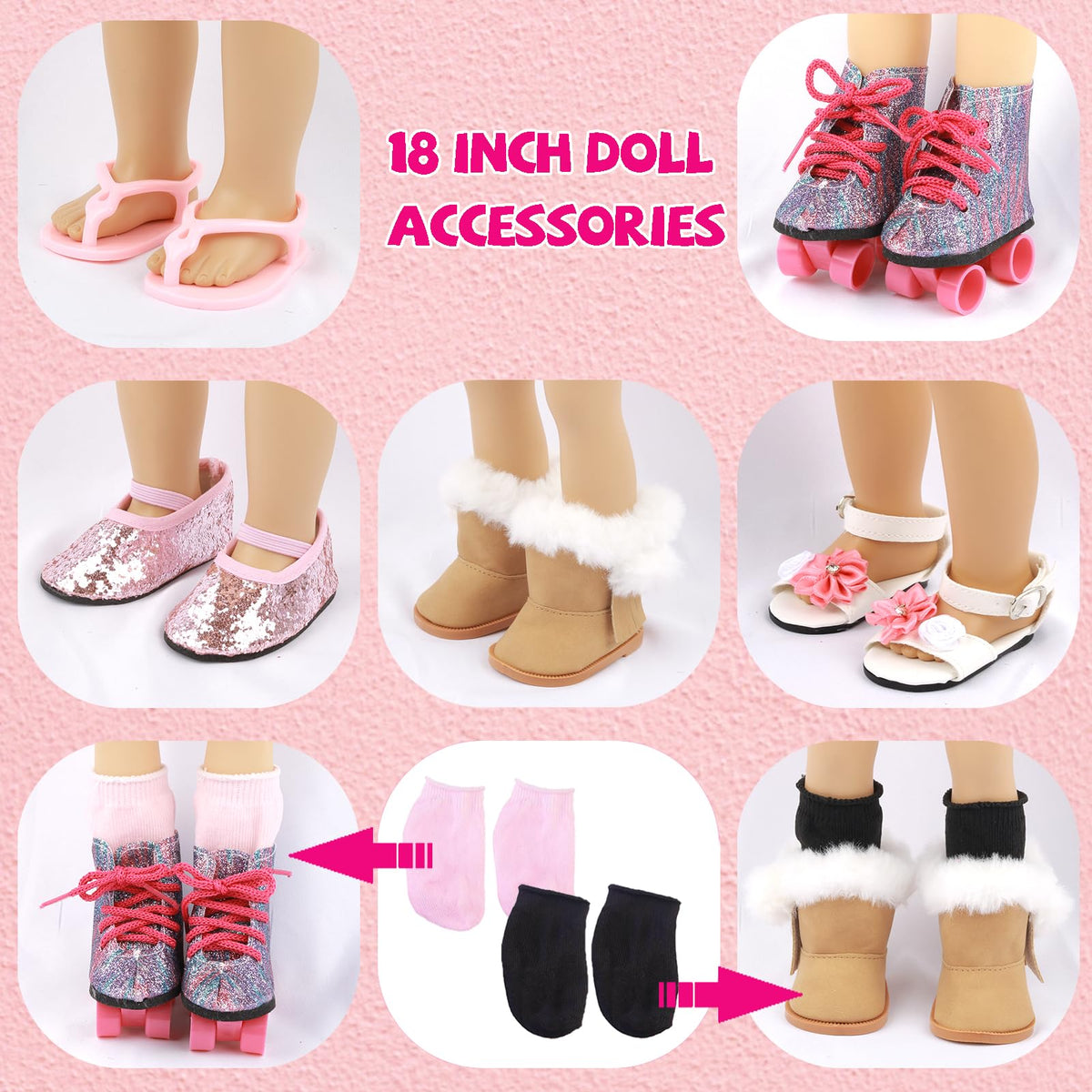 QSKJJI 18-Inch Doll Shoes Set — 5 Pairs + 2 Socks for American Dolls