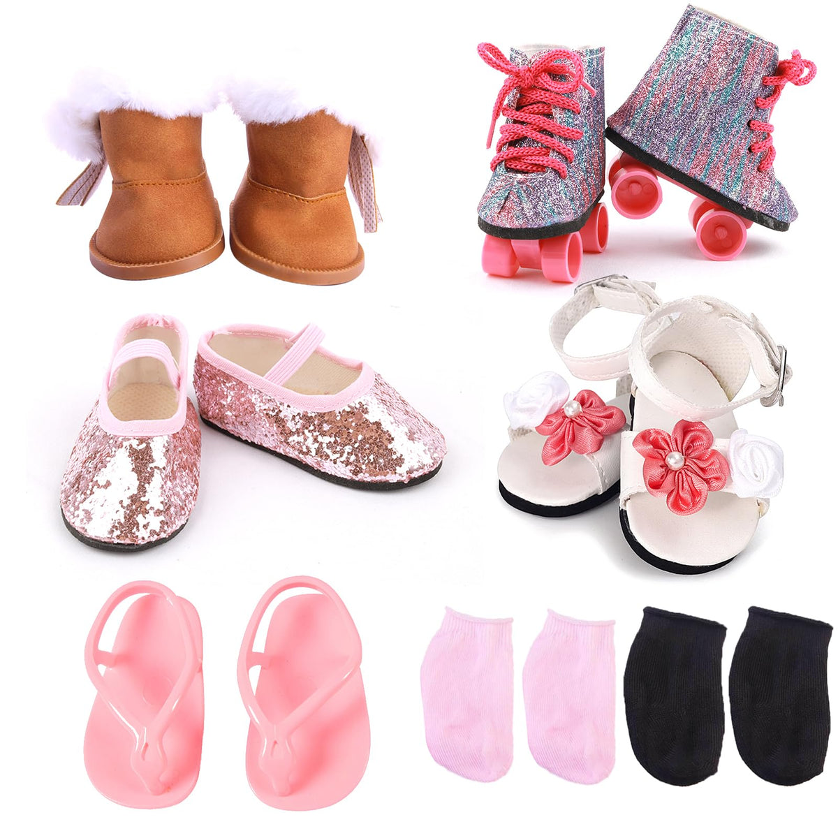 QSKJJI 18-Inch Doll Shoes Set — 5 Pairs + 2 Socks for American Dolls