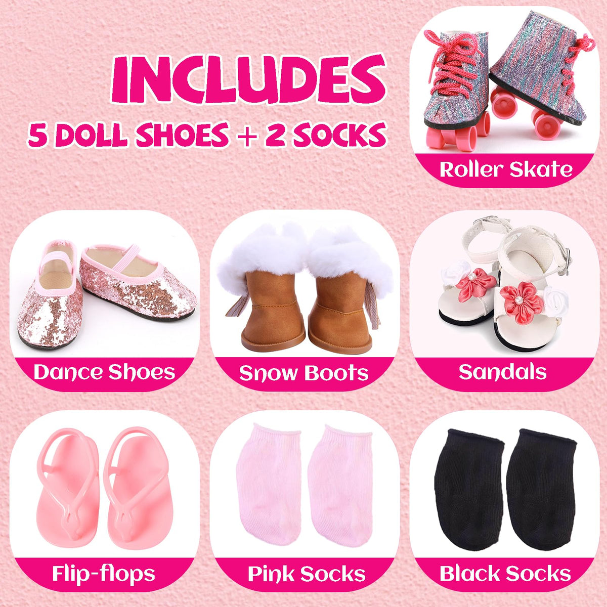 QSKJJI 18-Inch Doll Shoes Set — 5 Pairs + 2 Socks for American Dolls