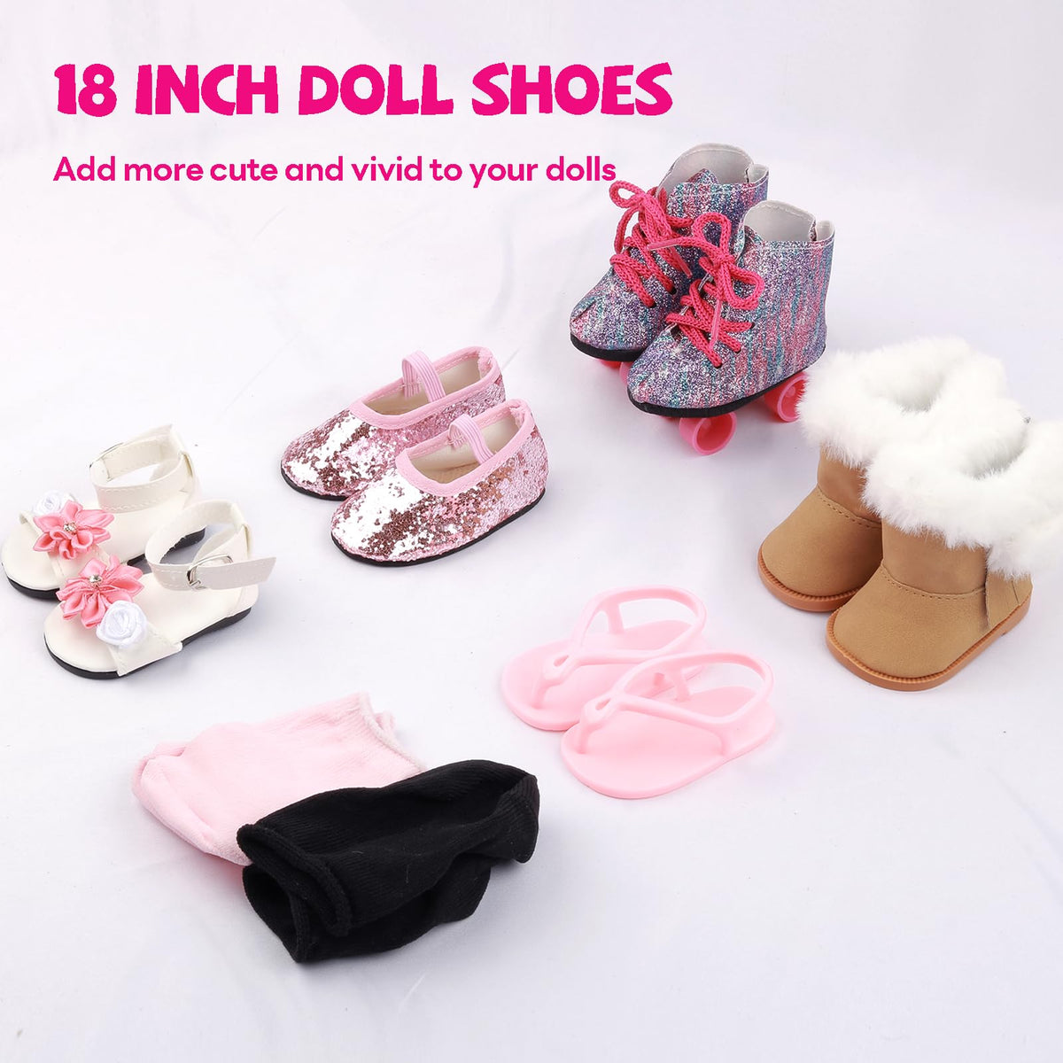 QSKJJI 18-Inch Doll Shoes Set — 5 Pairs + 2 Socks for American Dolls