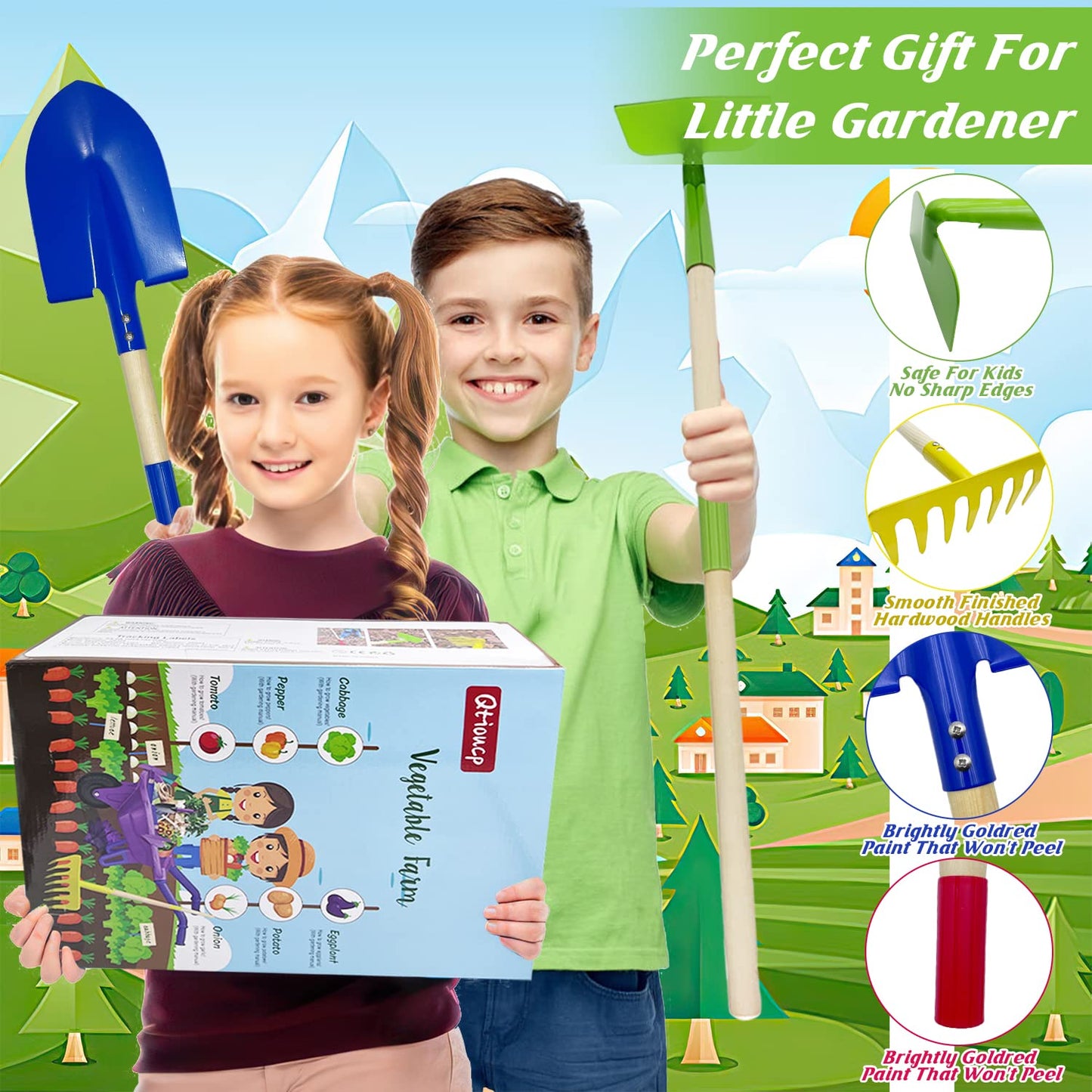 Qtioucp Kids Gardening Tools Set with Wheelbarrow | STEM Learning & Pretend Play