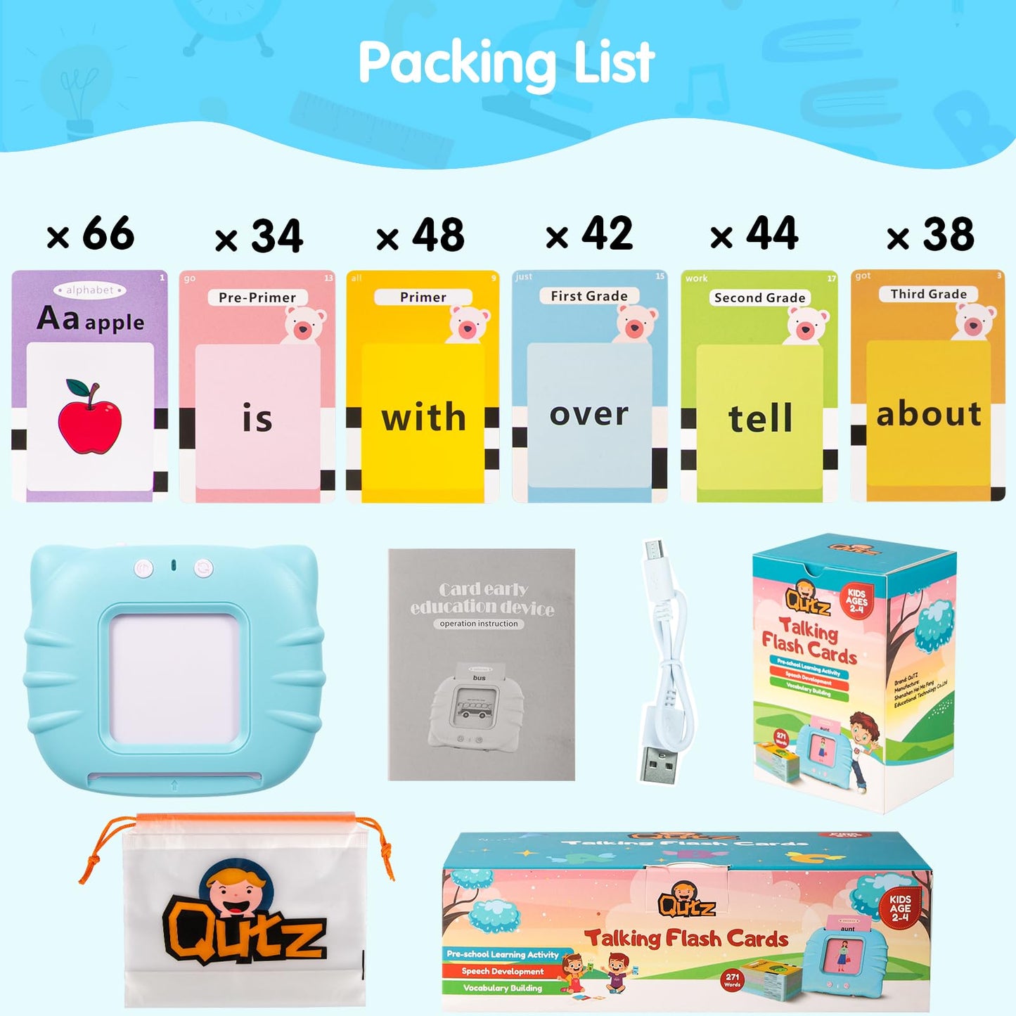QuTZ Talking Flash Cards - ABC Learning for Toddlers 2-4, 272 Sight Words, Educational Toys for Home & Classroom