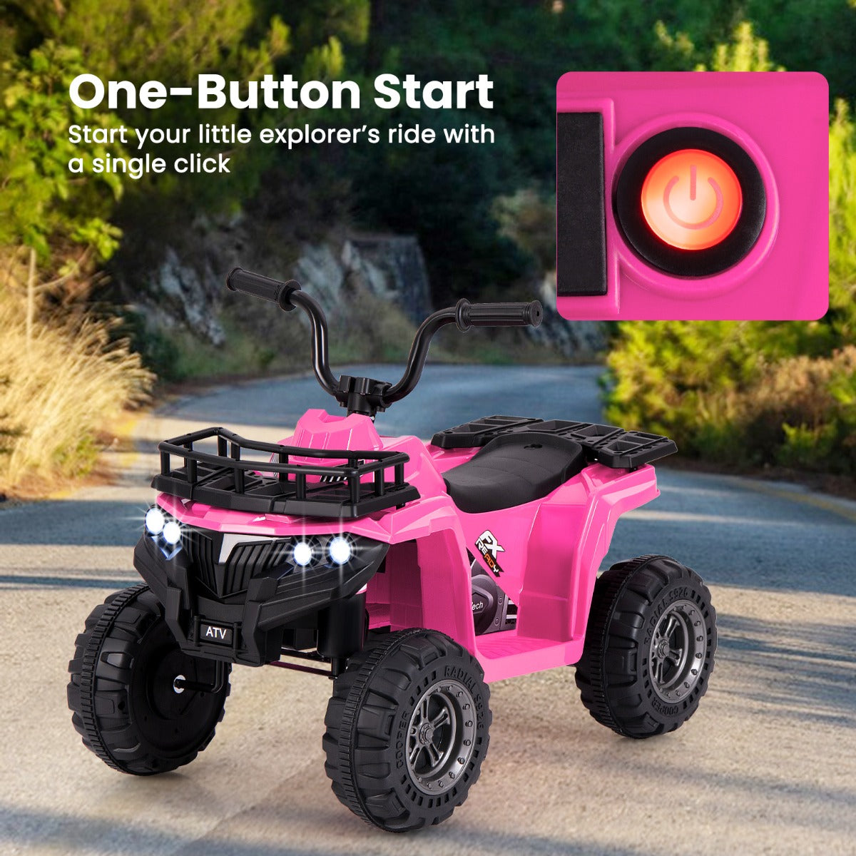 6V 4-Wheeler Quad Car with One-Button Start and Tread Tires-Black