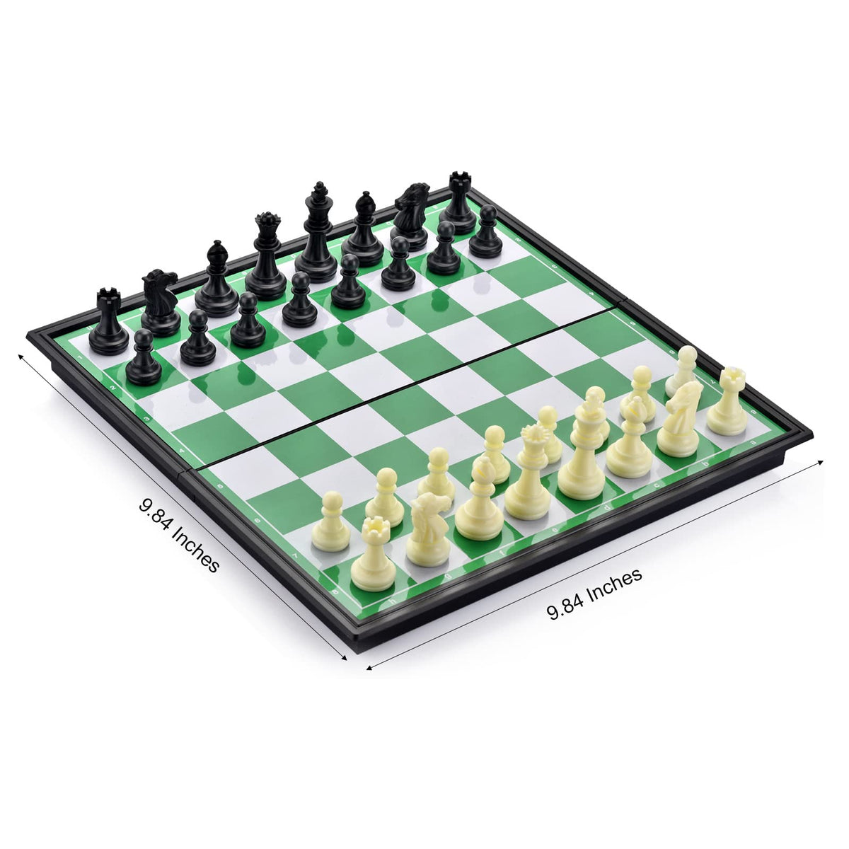 QuadPro Magnetic Travel Chess Set – Folding Board, 2 Extra Queens, Convenience Bag (Green & White)