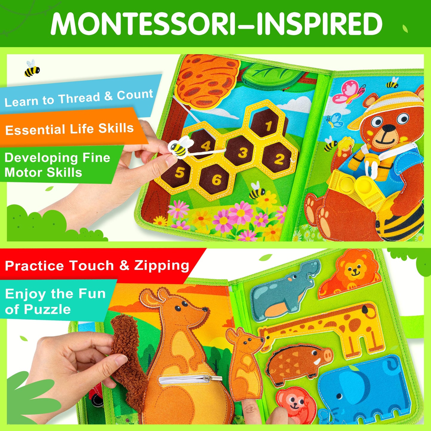 Quanquer Animal Busy Book for Toddlers 1-3 | Montessori Style Travel Toy, Screen-Free Learning, Gift Idea