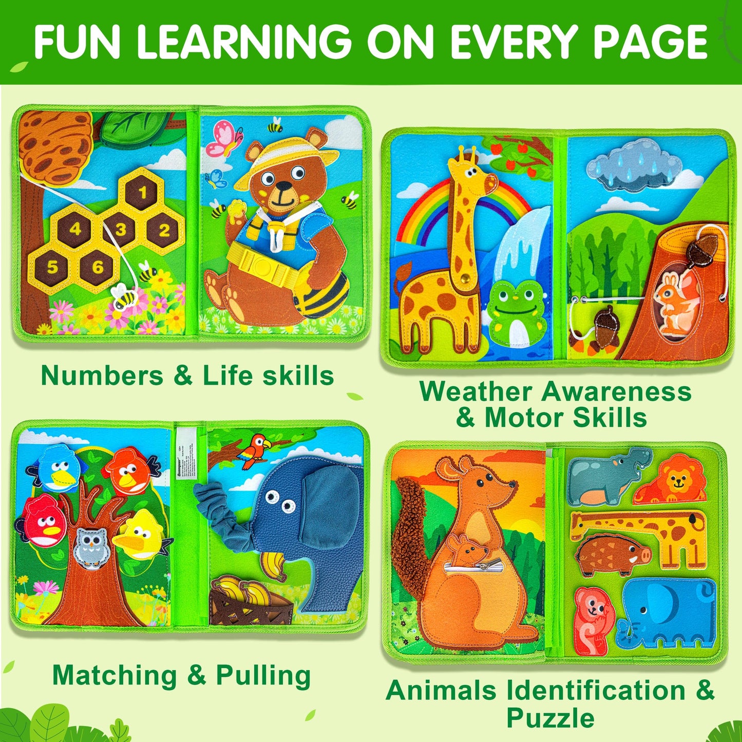 Quanquer Animal Busy Book for Toddlers 1-3 | Montessori Style Travel Toy, Screen-Free Learning, Gift Idea