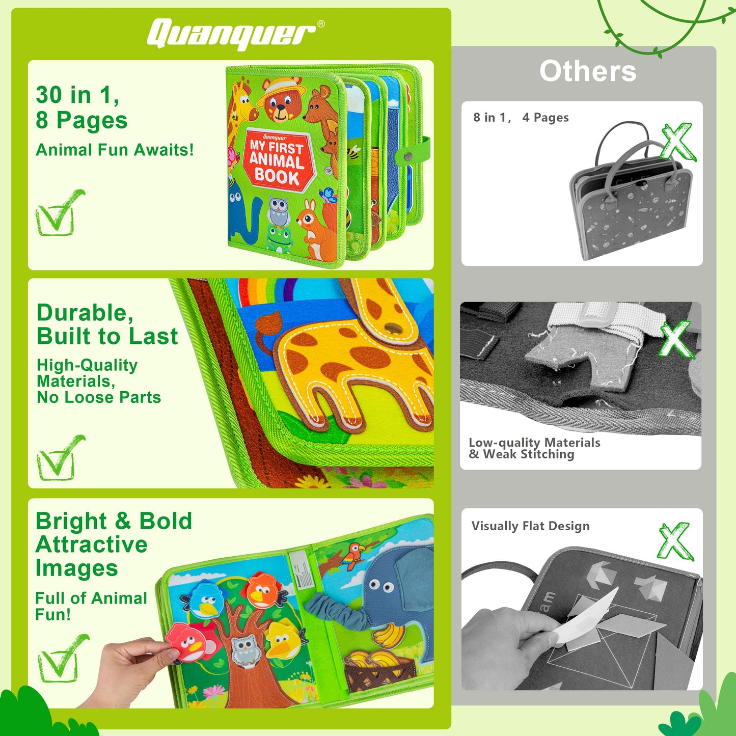 Quanquer Animal Busy Book for Toddlers 1-3 | Montessori Style Travel Toy, Screen-Free Learning, Gift Idea