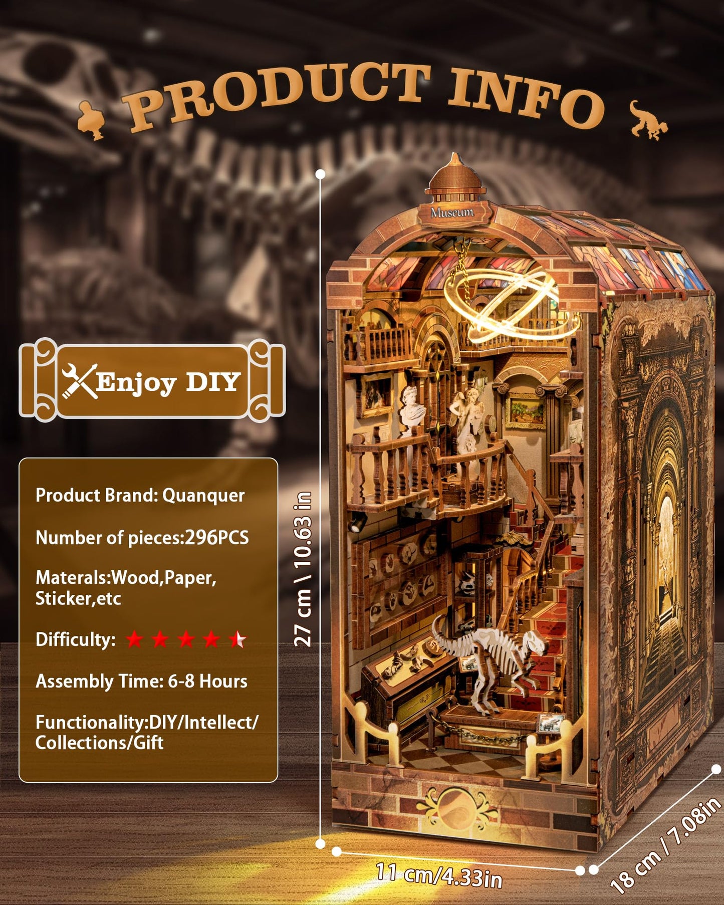 Quanquer DIY Book Nook Kit — 3D Wooden Dollhouse with LED Light for Adults | Bookshelf Decor