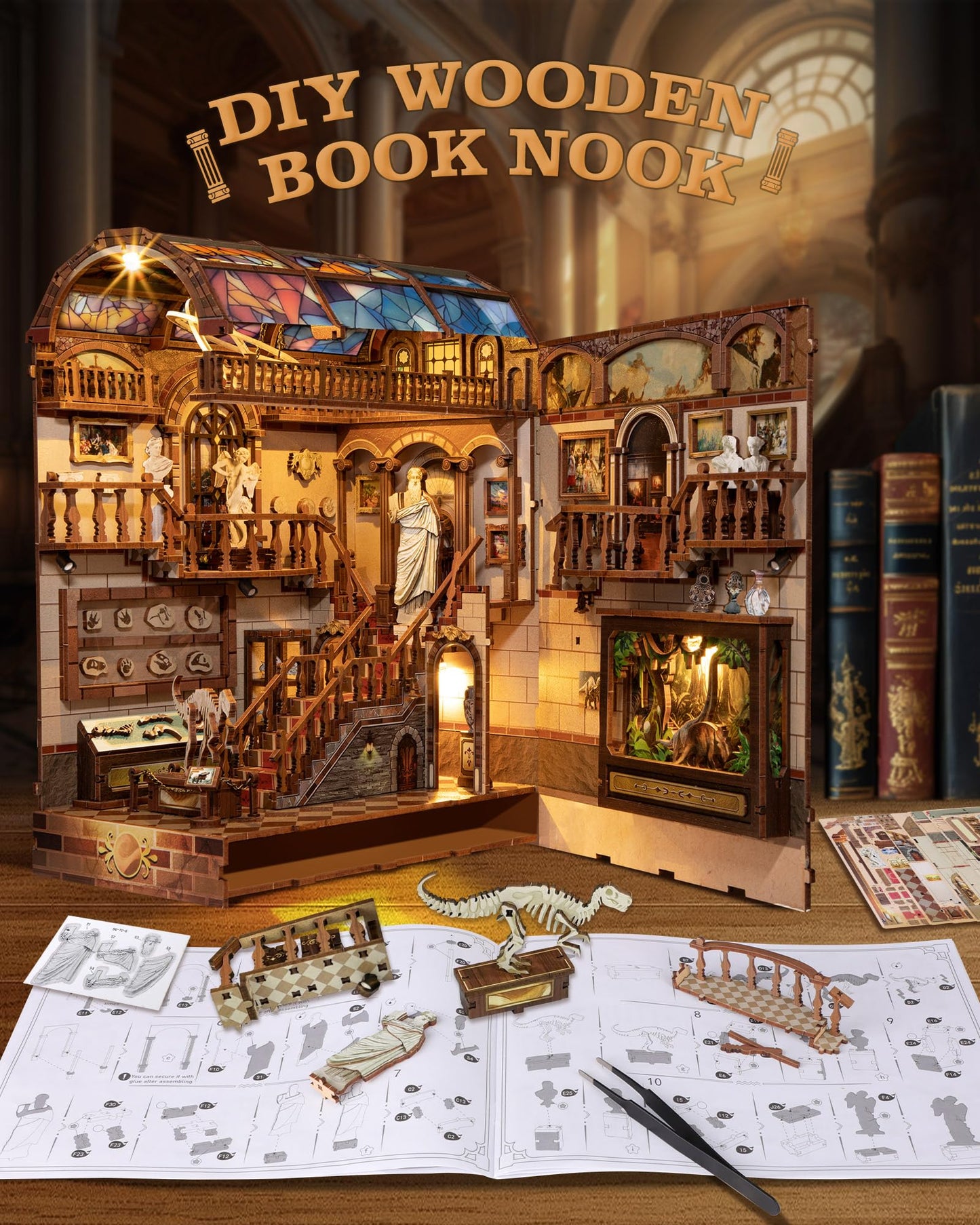 Quanquer DIY Book Nook Kit — 3D Wooden Dollhouse with LED Light for Adults | Bookshelf Decor