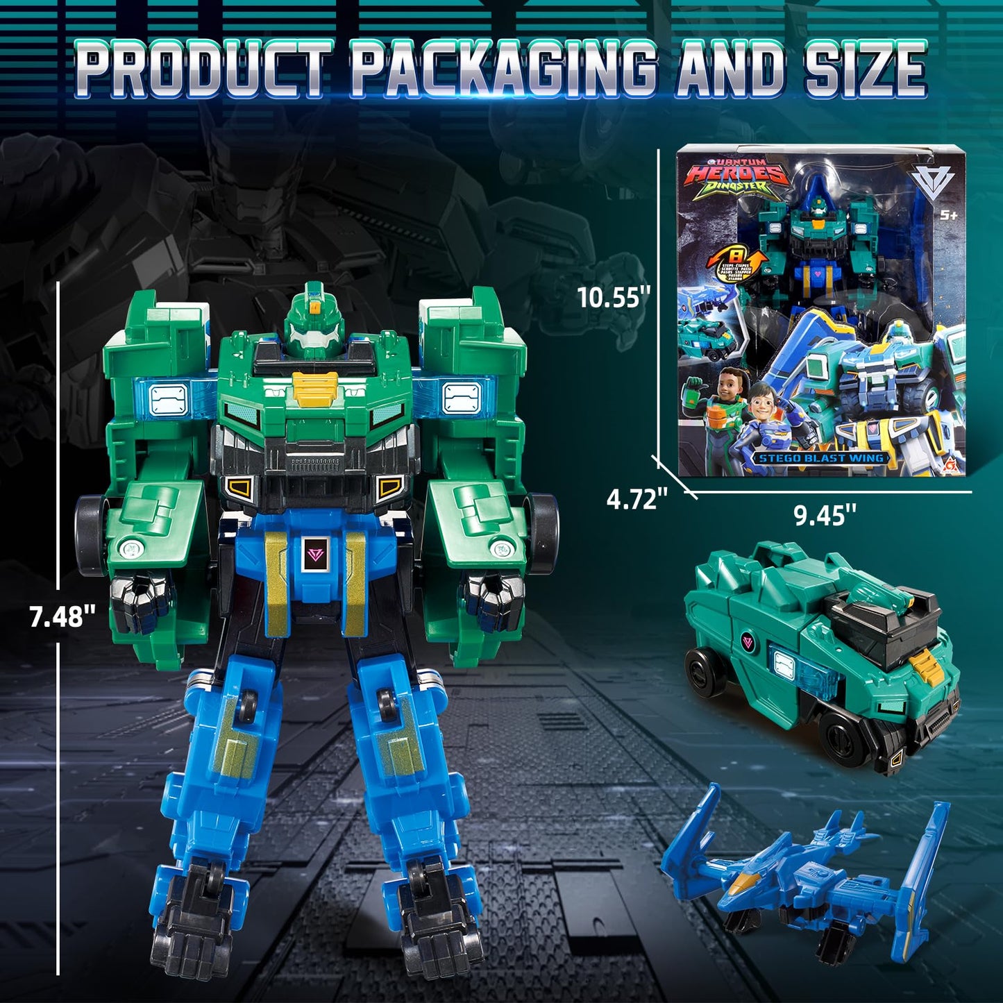 QUANTUM HEROES DINOSTER: 2-in-1 Stego Blast Wing Transforming Robot Toy, 7.28-inch Action Figure for Kids 5+, Green & Blue