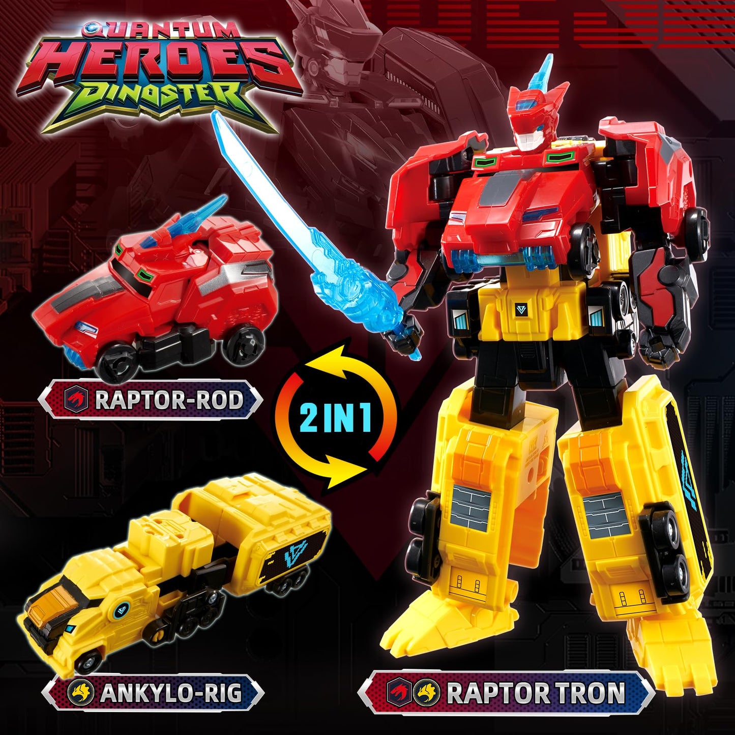 QUANTUM HEROES DINOSTER Raptor Tron: 2-in-1 Transforming Robot Toy, 7.48 in