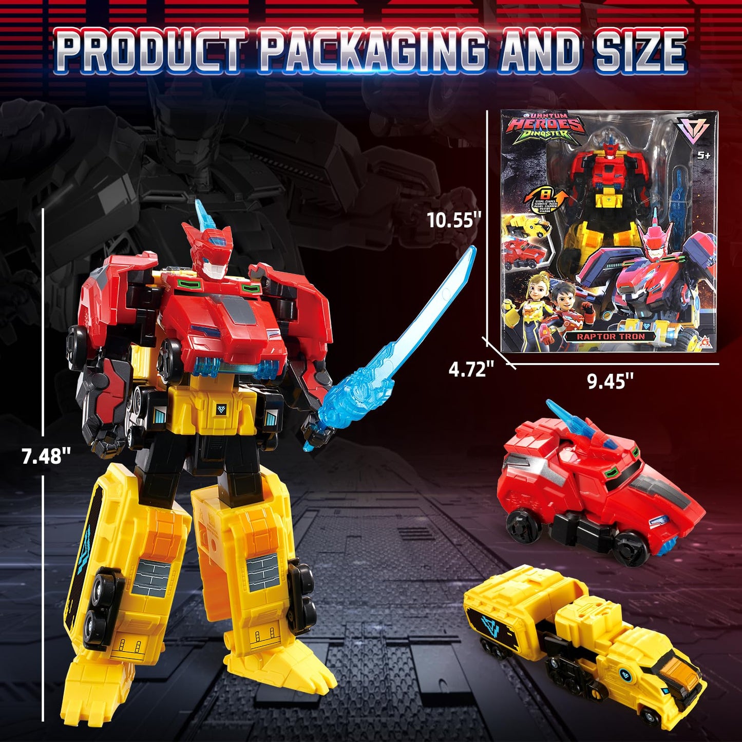 QUANTUM HEROES DINOSTER Raptor Tron: 2-in-1 Transforming Robot Toy, 7.48 in
