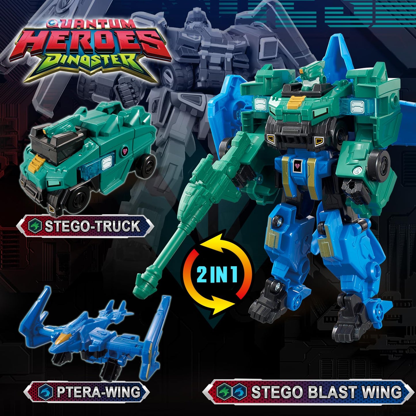 QUANTUM HEROES DINOSTER: 2-in-1 Stego Blast Wing Transforming Robot Toy, 7.28-inch Action Figure for Kids 5+, Green & Blue