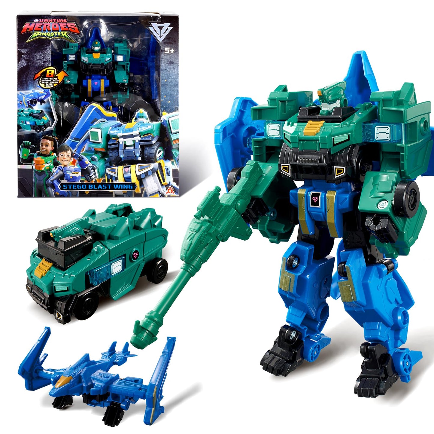 QUANTUM HEROES DINOSTER: 2-in-1 Stego Blast Wing Transforming Robot Toy, 7.28-inch Action Figure for Kids 5+, Green & Blue