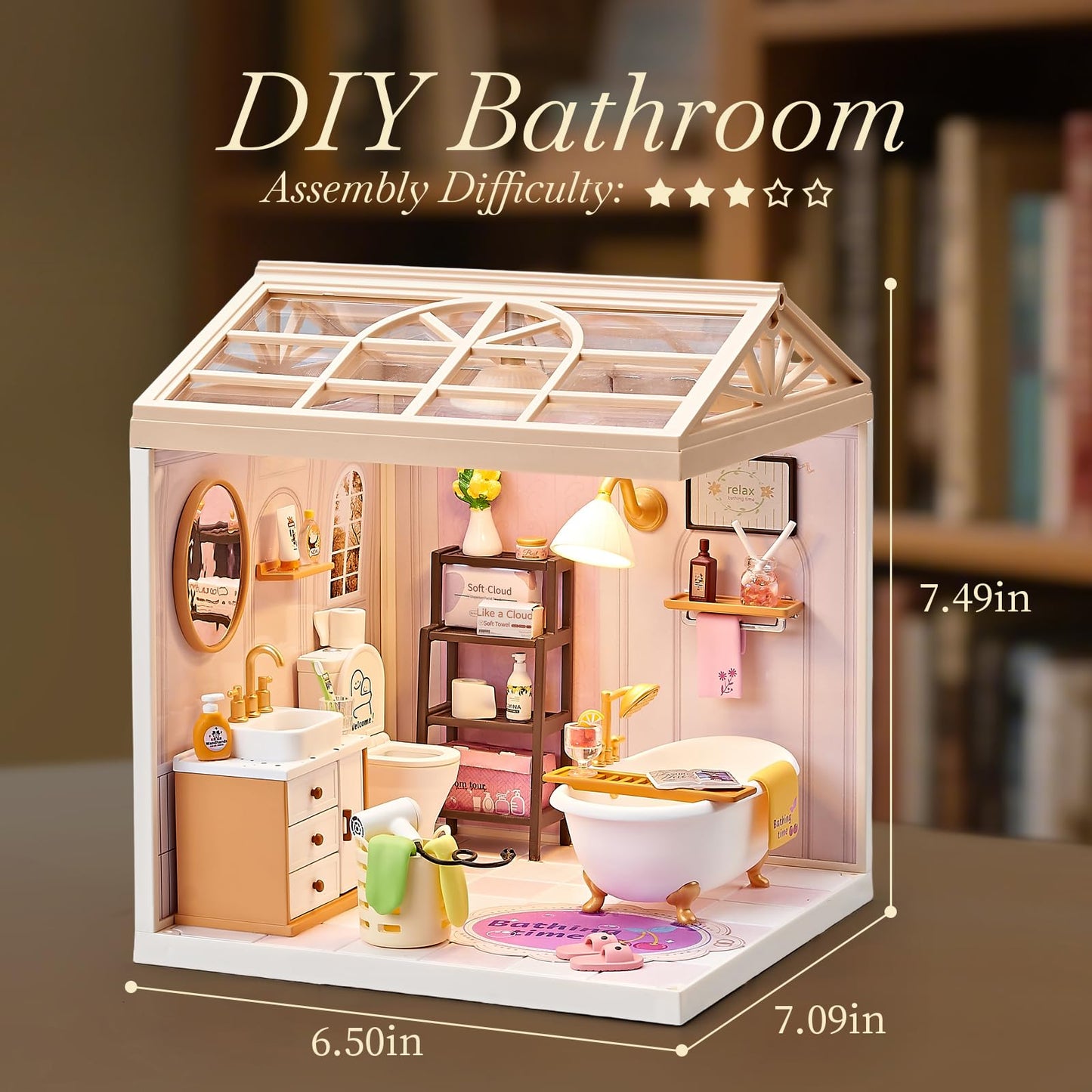 Qudify DIY Miniature Bathroom Kit – 101Pcs, 1:24 Scale Dollhouse with LED Light & Connectable Base