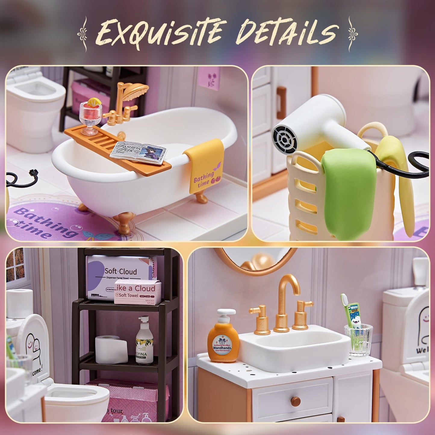Qudify DIY Miniature Bathroom Kit – 101Pcs, 1:24 Scale Dollhouse with LED Light & Connectable Base
