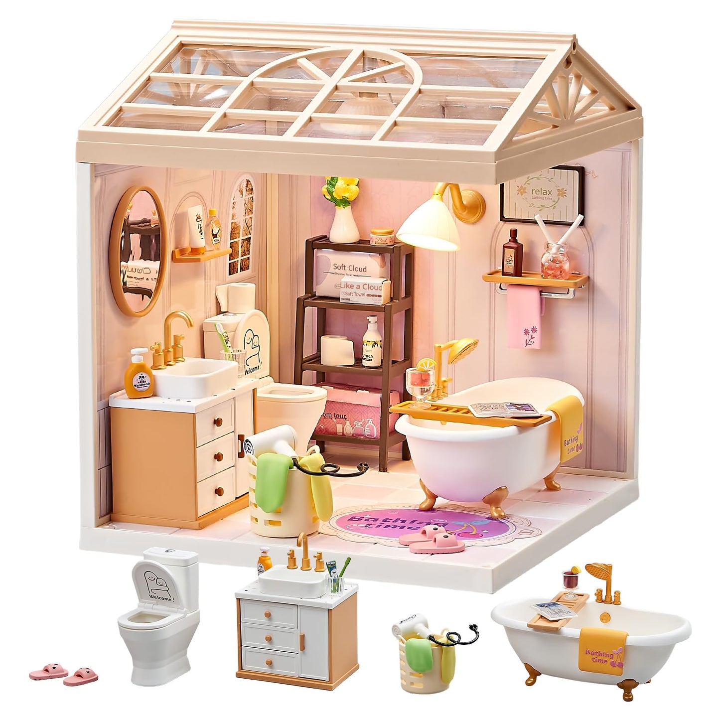 Qudify DIY Miniature Bathroom Kit – 101Pcs, 1:24 Scale Dollhouse with LED Light & Connectable Base