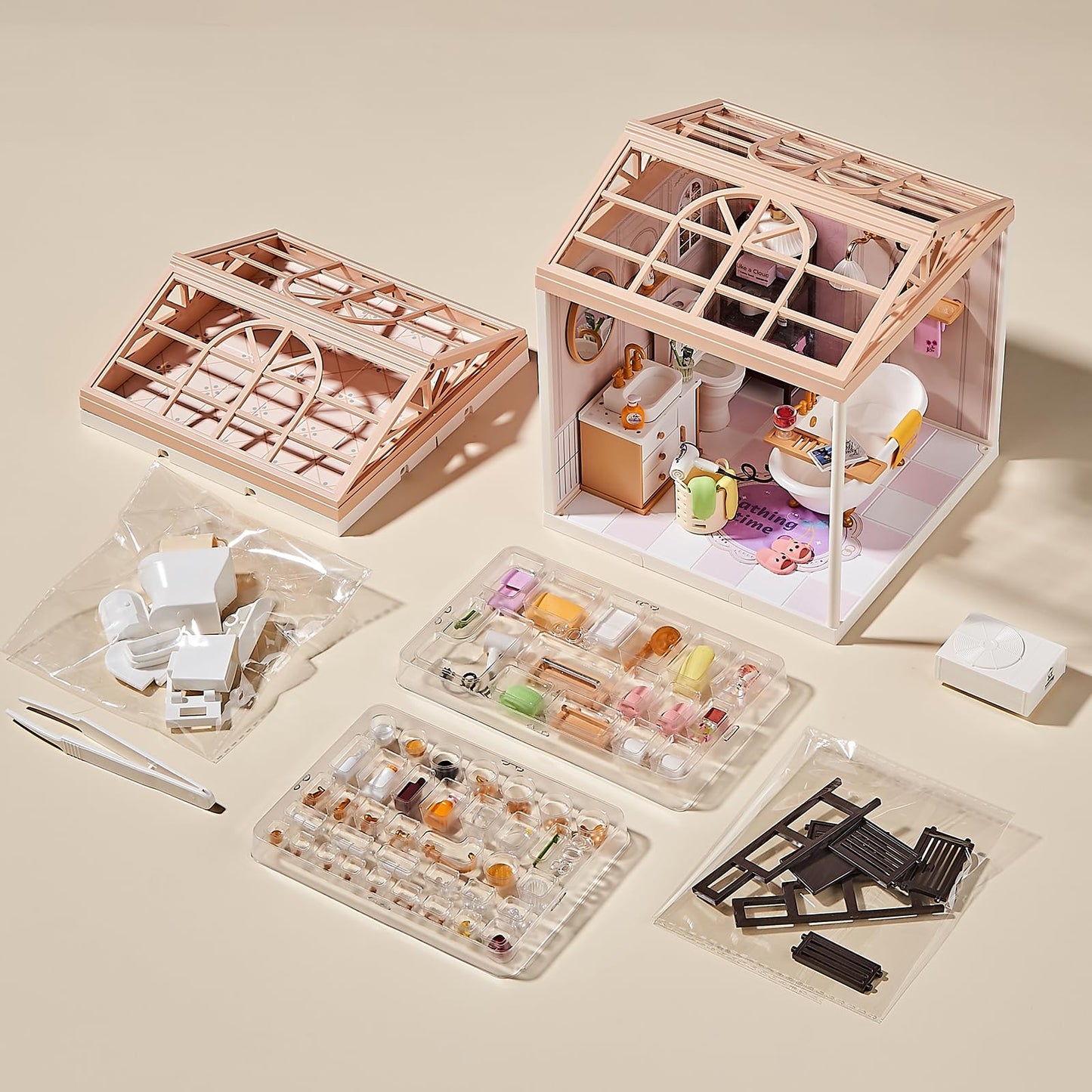 Qudify DIY Miniature Bathroom Kit – 101Pcs, 1:24 Scale Dollhouse with LED Light & Connectable Base