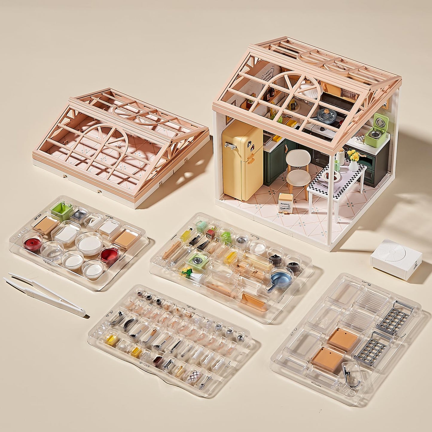 Qudify Miniature Kitchen DIY House Kit – 126-Piece with LED Light & Modular Base (1:24 Scale)