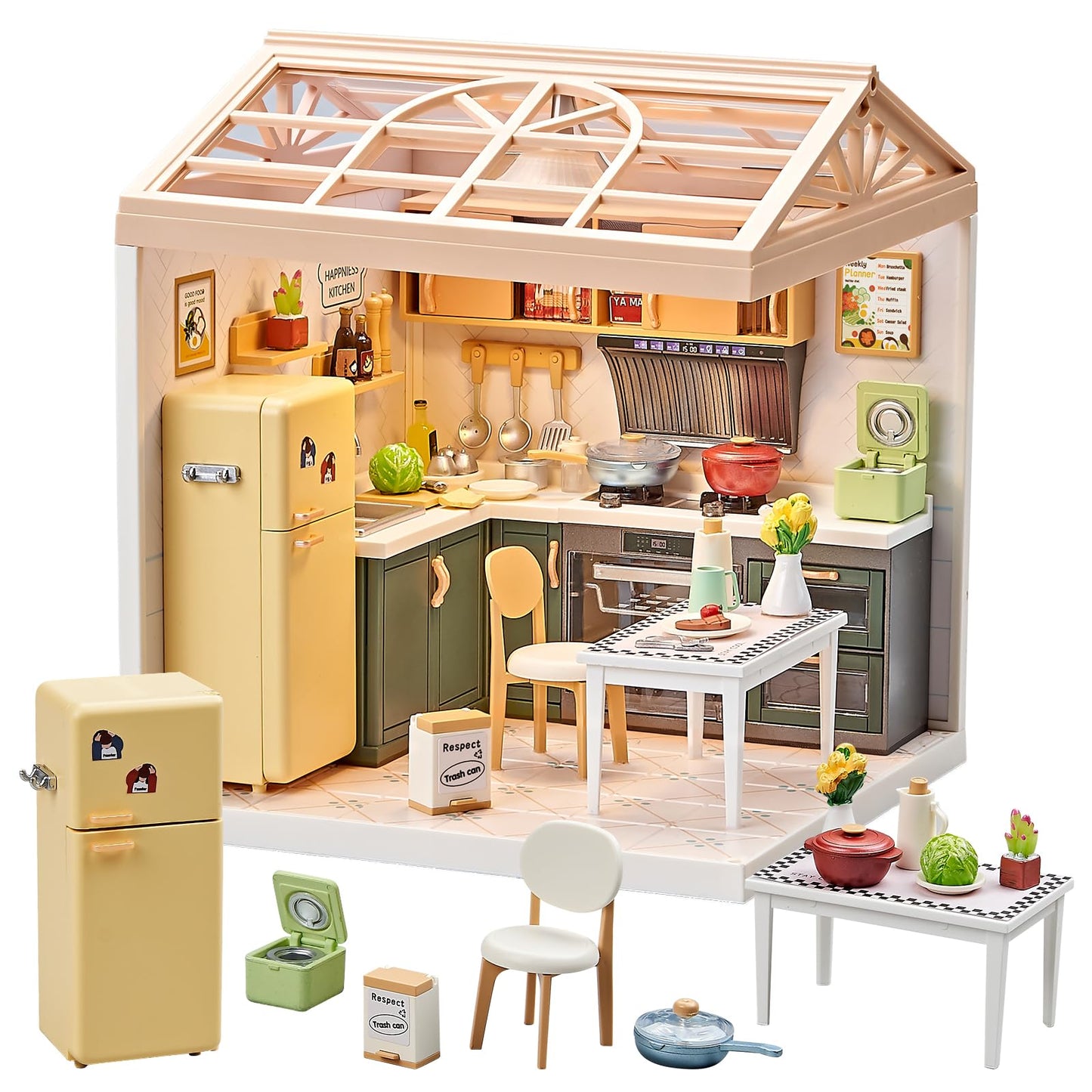 Qudify Miniature Kitchen DIY House Kit – 126-Piece with LED Light & Modular Base (1:24 Scale)