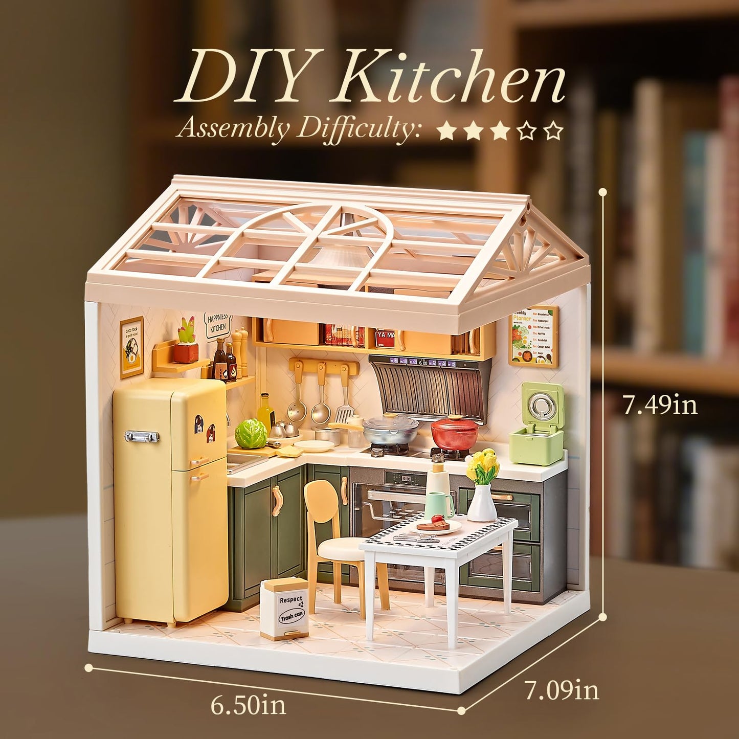 Qudify Miniature Kitchen DIY House Kit – 126-Piece with LED Light & Modular Base (1:24 Scale)