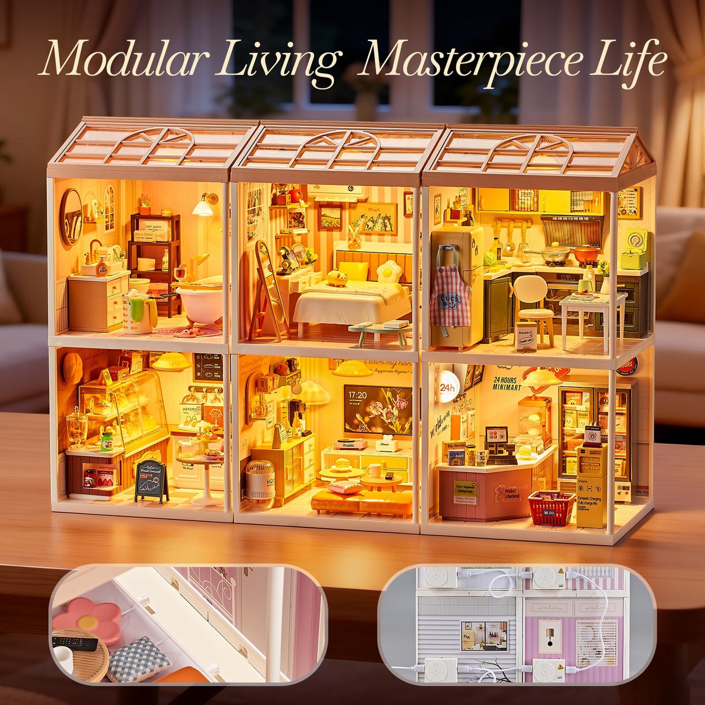 Qudify Miniature Kitchen DIY House Kit – 126-Piece with LED Light & Modular Base (1:24 Scale)